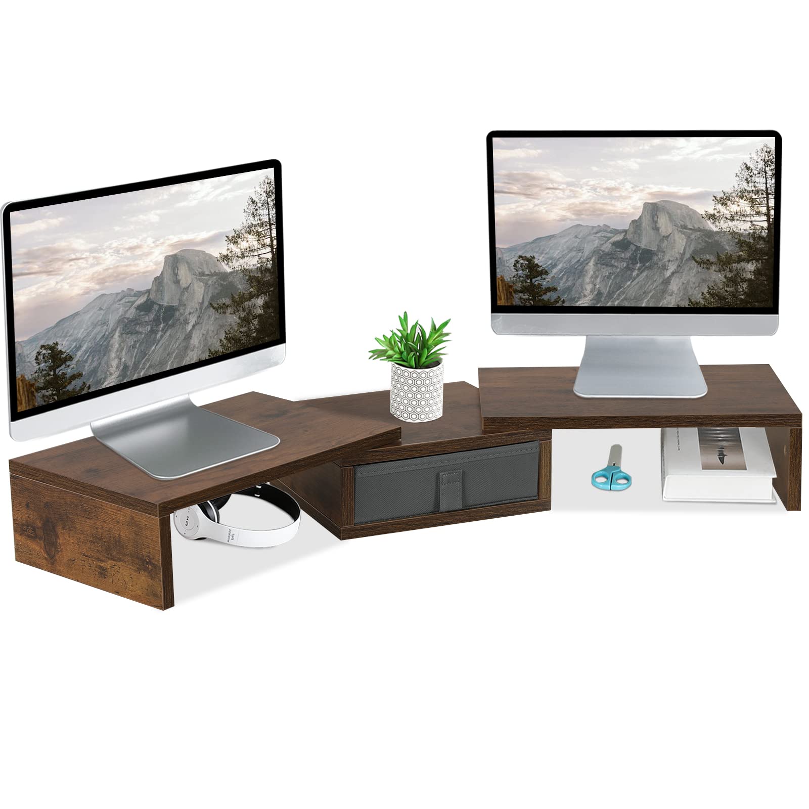 TEAMIX 37-inch Adjustable Dual Monitor Stand Riser with Storage Drawer - Ergonomic Height & Angle Adjustable Desk Organizer for 2 Monitors, Laptop, PC, TV - Perfect for Home Office, Gaming Setup & Workspace Organization