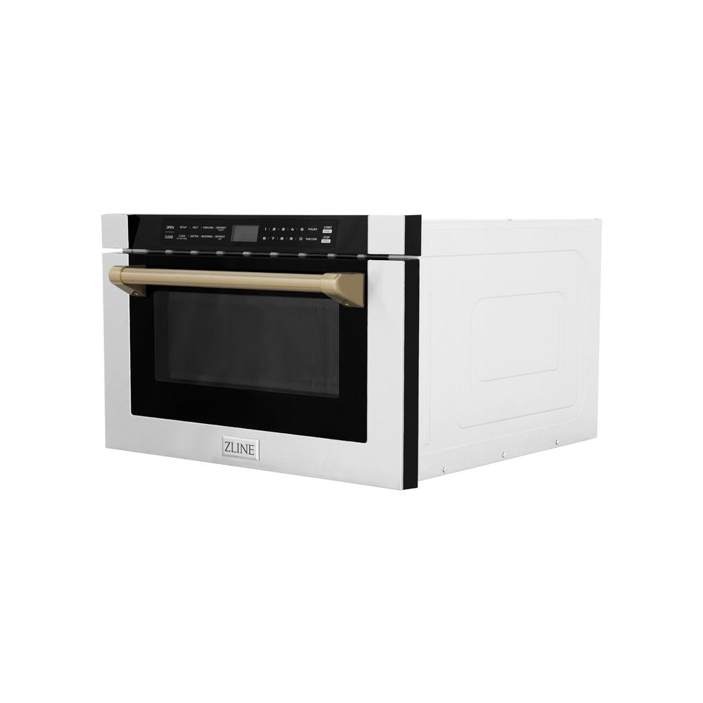 ZLINE Autograph Edition 24 Inch Built-In Microwave Drawer - 1.2 cu.ft Stainless Steel with Champagne Bronze Accents - Traditional Handle Design - Perfect for Modern Kitchens & Luxury Homes (MWDZ 1 H CB)