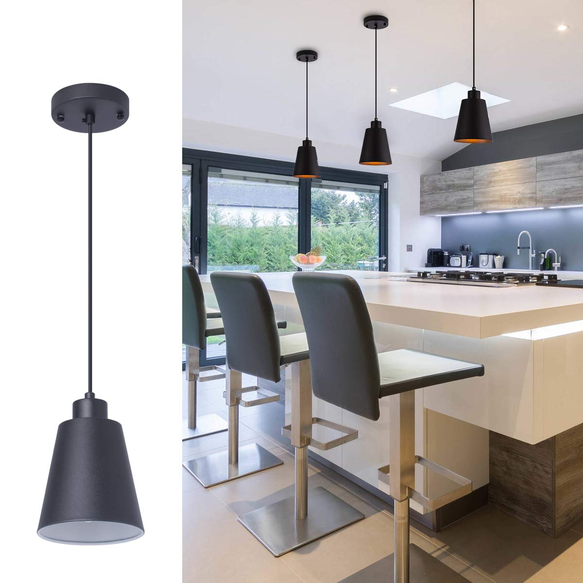 Modern Black Pendant Light with 5.94in Metal Shade - Adjustable Hanging Light Fixture for Kitchen Island, Dining Room, Bar | Perfect for Christmas Gifts & Home Decor