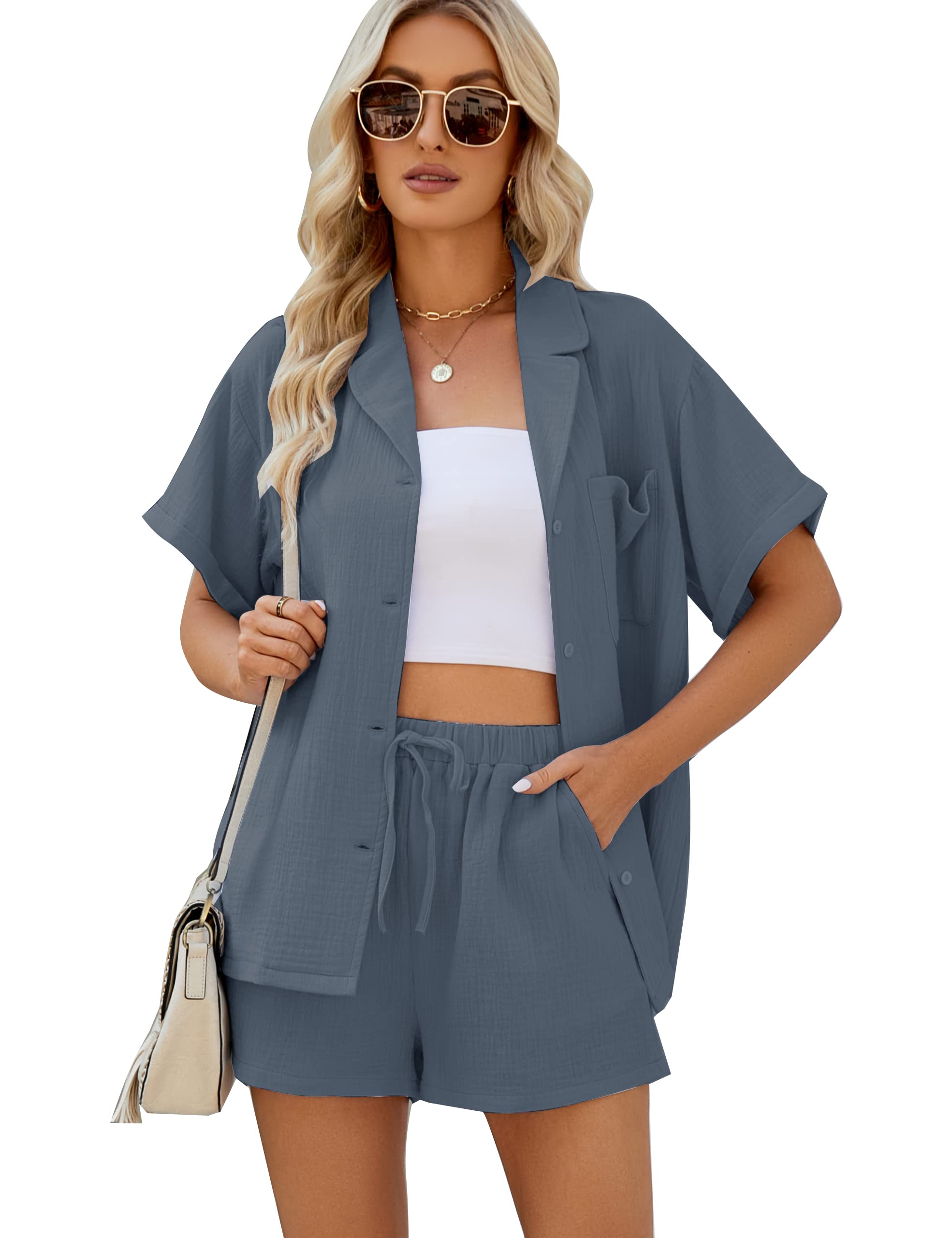 Flygo Women's 2 Piece Outfit Set - Short Sleeve Linen Shirt & Elastic Waist Shorts | Summer Casual Wear for Beach, Vacation & Everyday Outfits