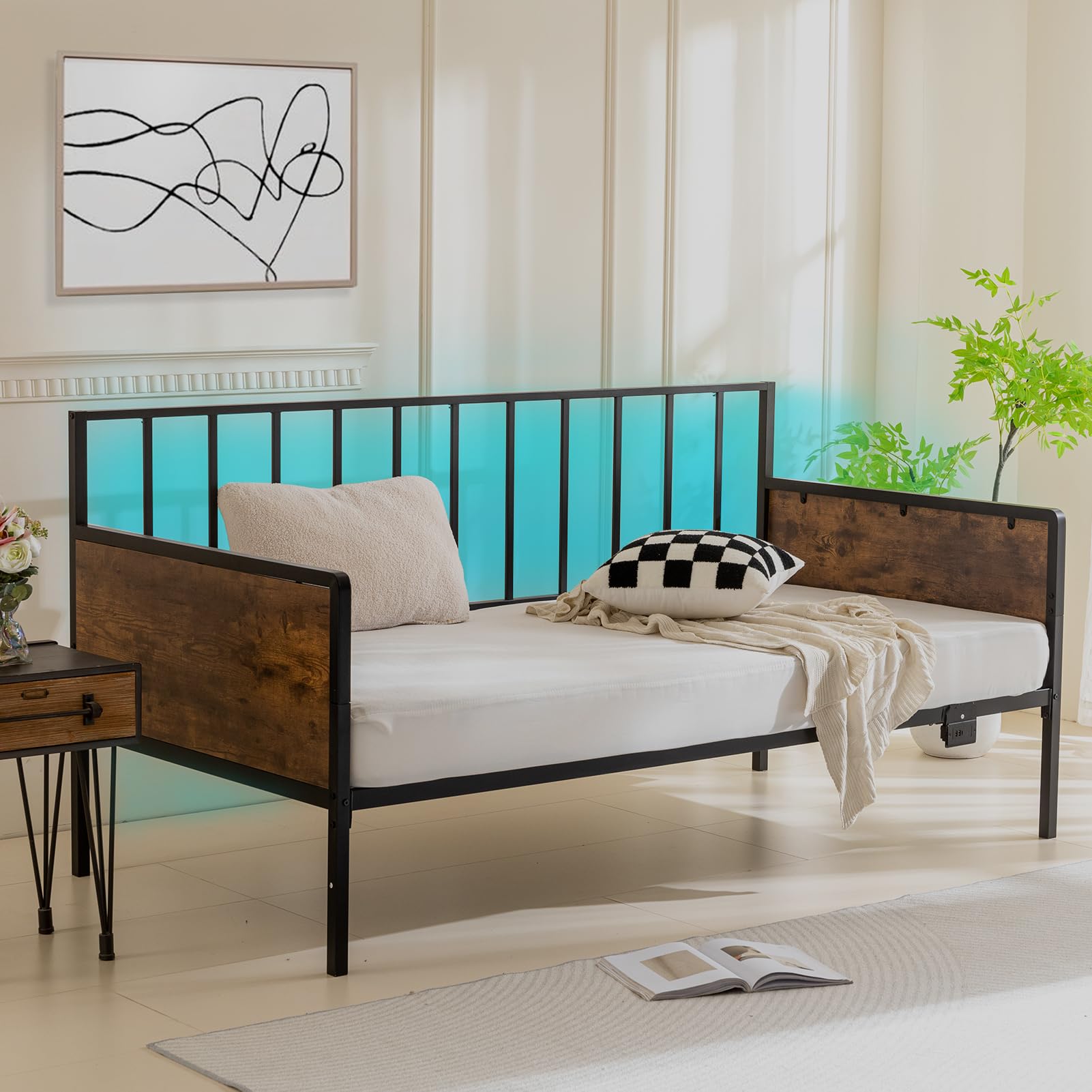 MAXYOYO Farmhouse Metal Daybed with USB Charging Station & LED Lights - Sturdy Day Bed Frame for Living Room, Guest Room, or Dorm - Perfect for Relaxing, Napping & Stylish Home Decor