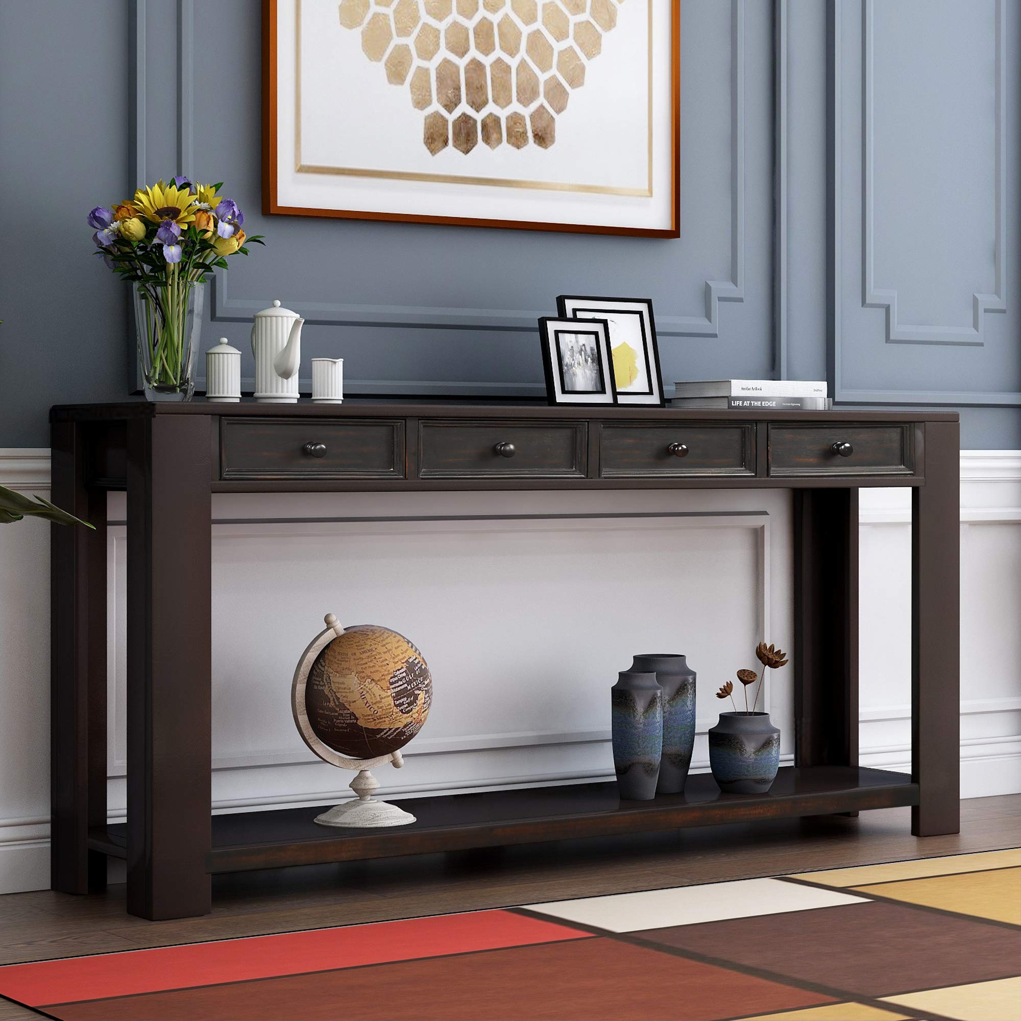 Solid Wood Console Table with Storage Drawers & Bottom Shelf - Entryway Hallway Sofa Table, Living Room Side Table - Easy Assembly (Black) | Perfect for Small Spaces, Apartment Decor & Home Organization