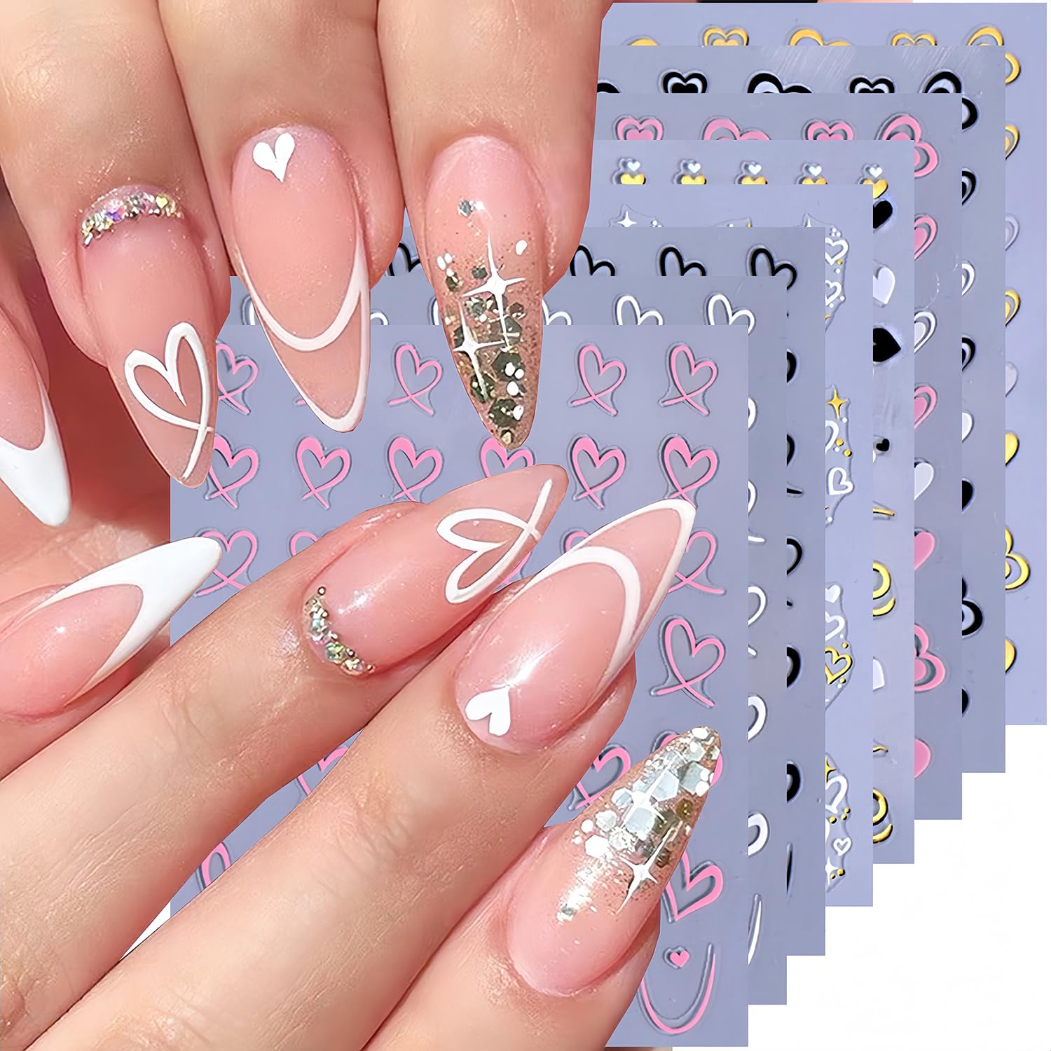 Valentine's Day Nail Stickers - 8 Sheets Heart Nail Art Decals in Red, Black, White, Silver & Gold | Love & Holiday Nail Designs for Women & Girls | DIY Manicure & Nail Art | Perfect for Valentine's Gifts, Date Nights & Special Occasions