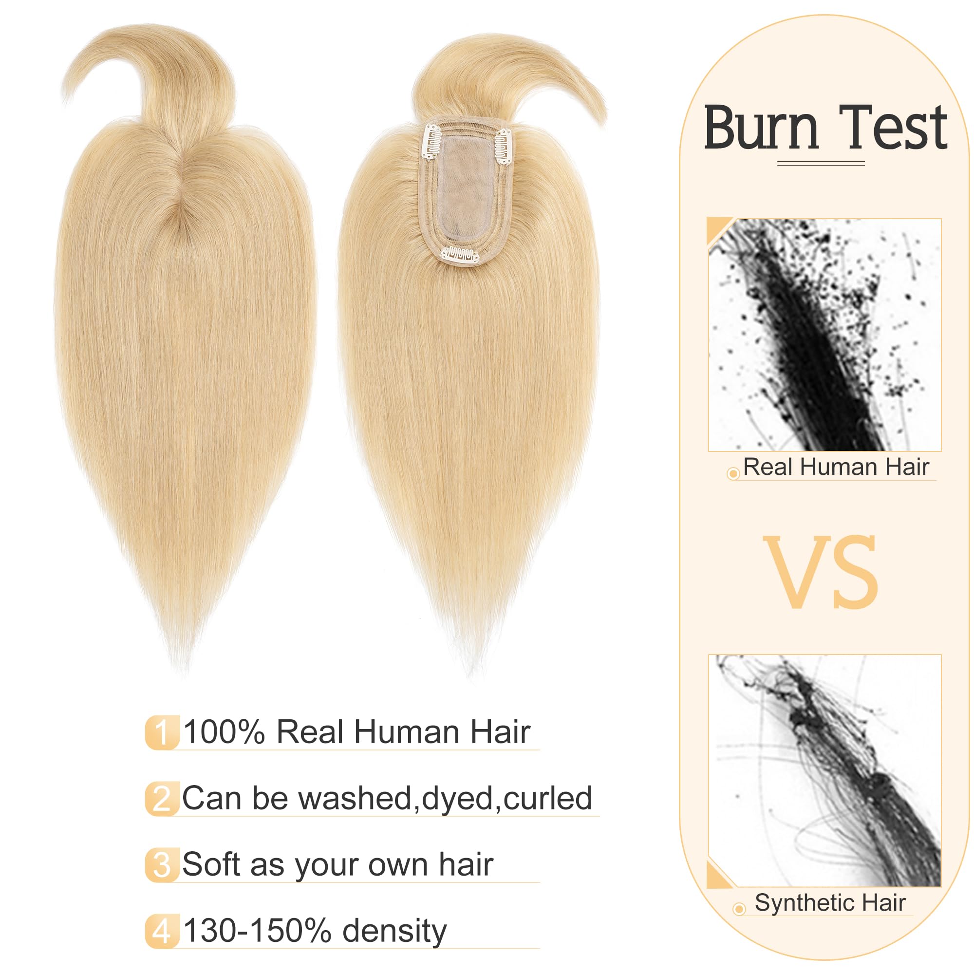 SEGO 100% Remy Human Hair Toppers for Women with Bangs - 16 Inch Natural Blonde Clip-in Top Wiglet (7x13cm Silk Base) for Thinning Hair | Perfect for Daily Wear, Parties & Special Occasions