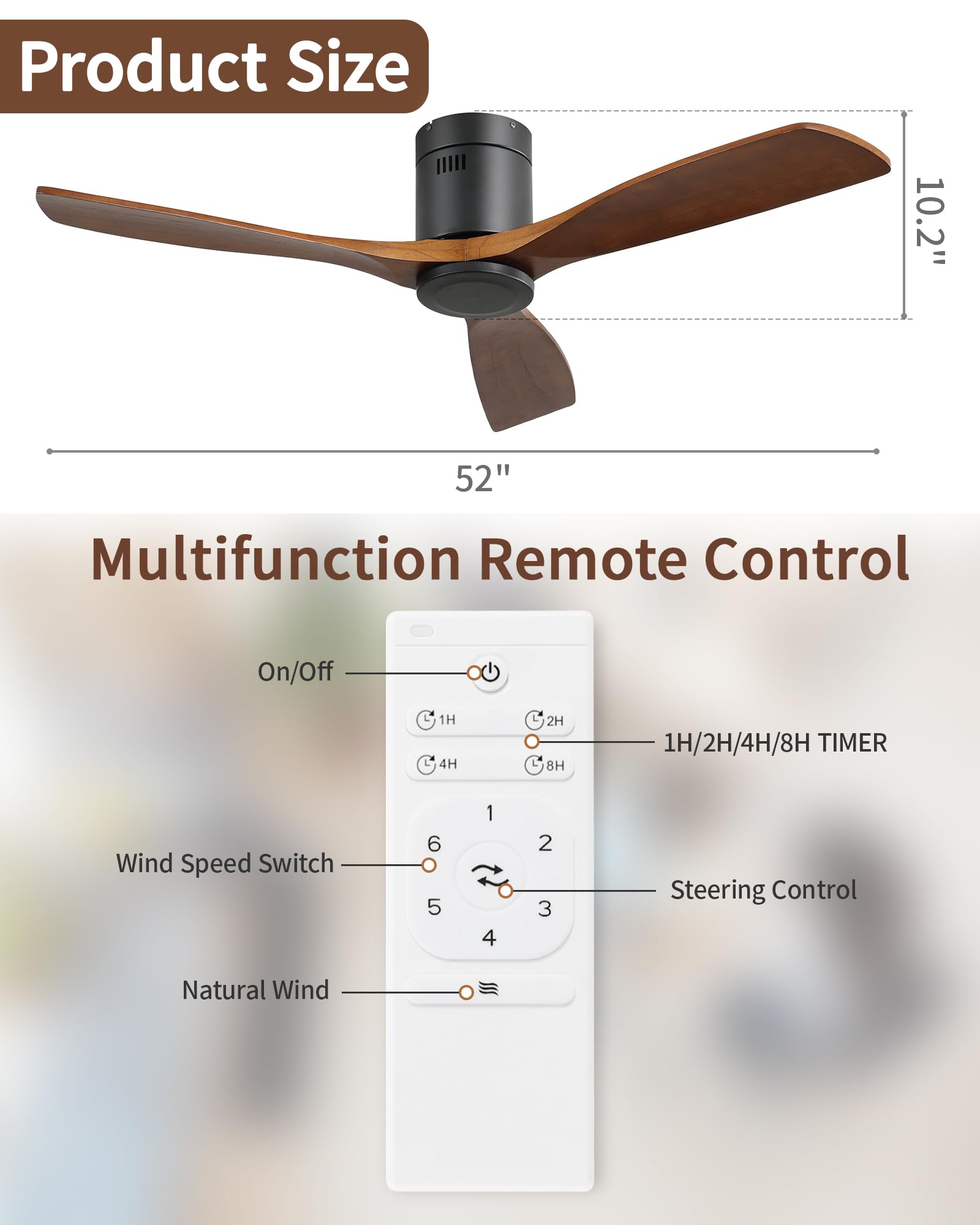 52 Inch Low Profile Flush Mount Ceiling Fan No Light - 6 Speed & 3 Timer Remote Control, 3 Wood Blades, Ultra Quiet Reversible DC Motor - Perfect for Bedrooms, Living Rooms, Patios, and Outdoor Covered Spaces