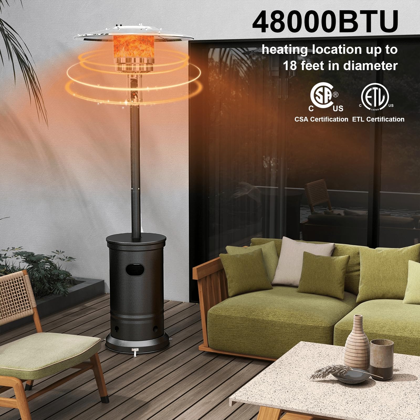 48000 BTU Outdoor Patio Heater with Wheels - 3 Heat Settings, Portable Propane Heater for Backyard, Deck & Garden - Round Table Design for Outdoor Dining & Entertainment