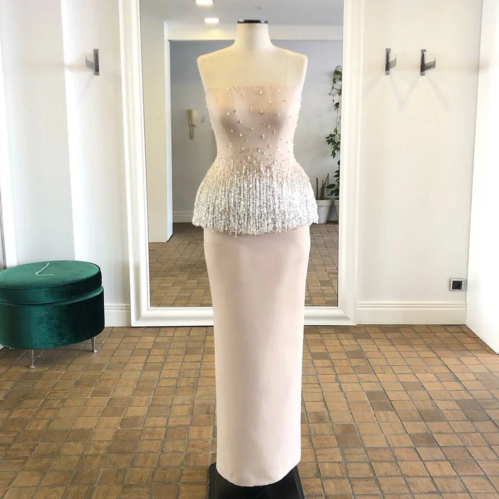 Luxury Dubai Saudi Nude Pink Arabic Mermaid Evening Dress Gown with Beaded Tassels for Special Occasions - LA72804 | Perfect for Weddings, Galas, and Formal Events