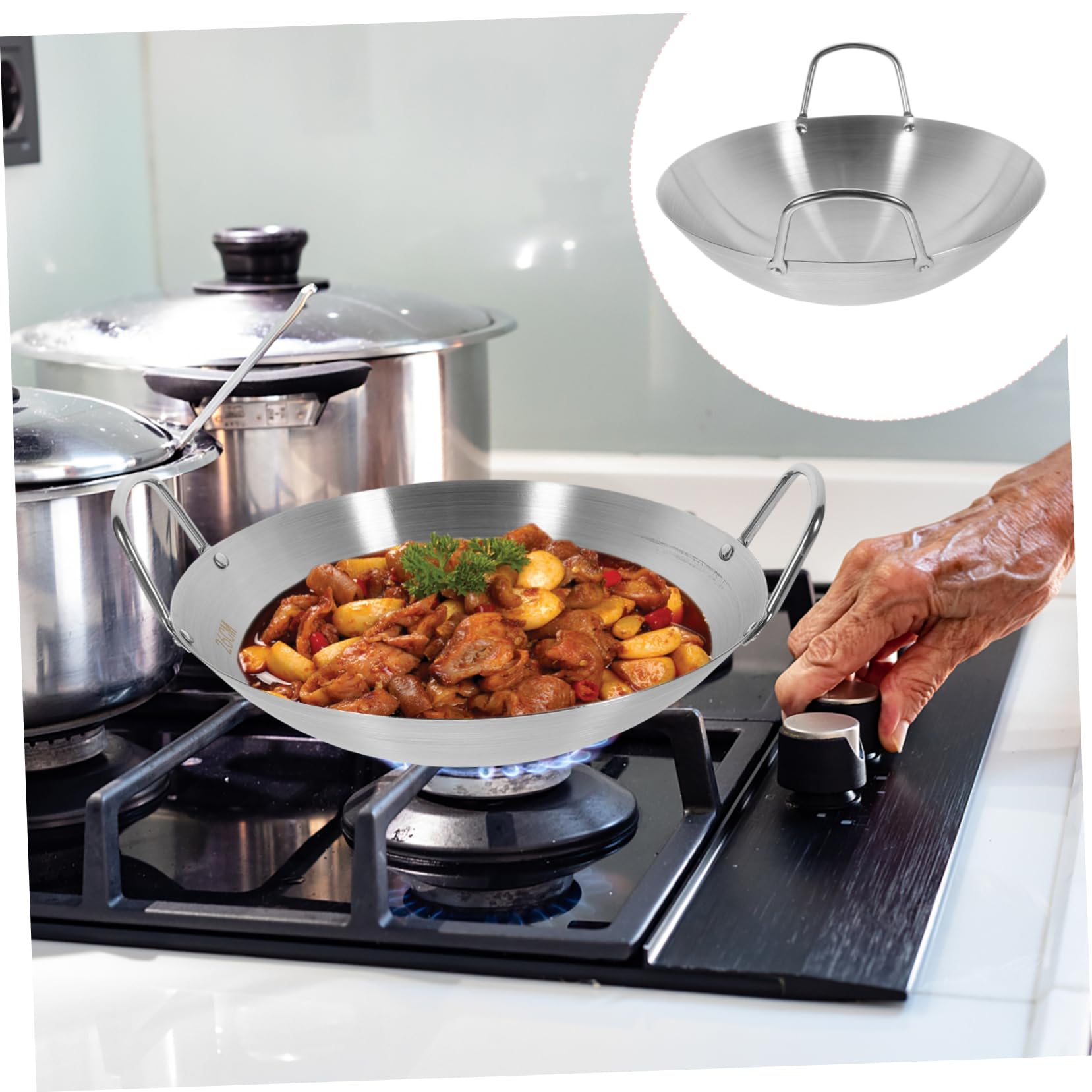 Premium Stainless Steel Wok Pan - 14 Inch Non-Stick Stir Fry Pan with Wooden Handle - Professional Chinese Cooking Wok for Home Kitchen - Perfect for Stir-Frying, Deep Frying & Asian Cuisine