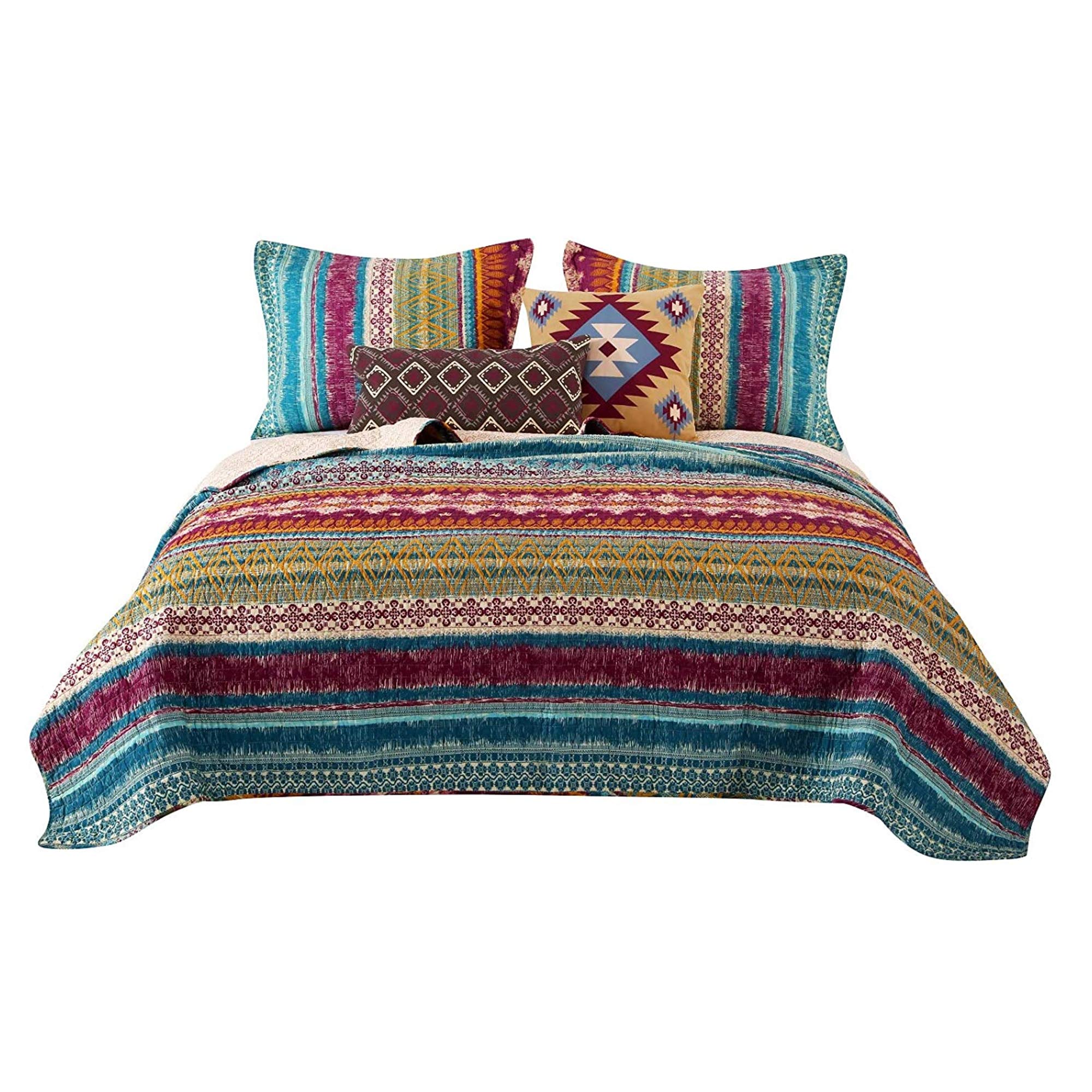 Benjara Tribal Print Full Quilt Set with Decorative Pillows - Multicolor Bohemian Bedding for Master Bedroom & Guest Room