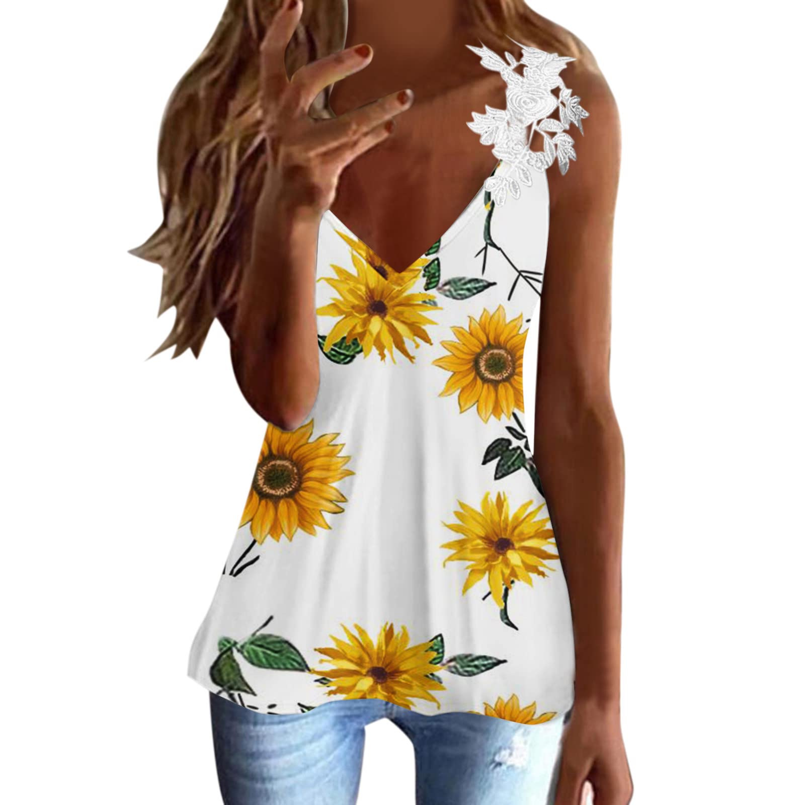 Women's White Floral Print Tank Top - Loose Fit V-Neck Lace Spaghetti Strap Sleeveless Shirt for Casual Wear, Summer Outfits & Beach Vacations