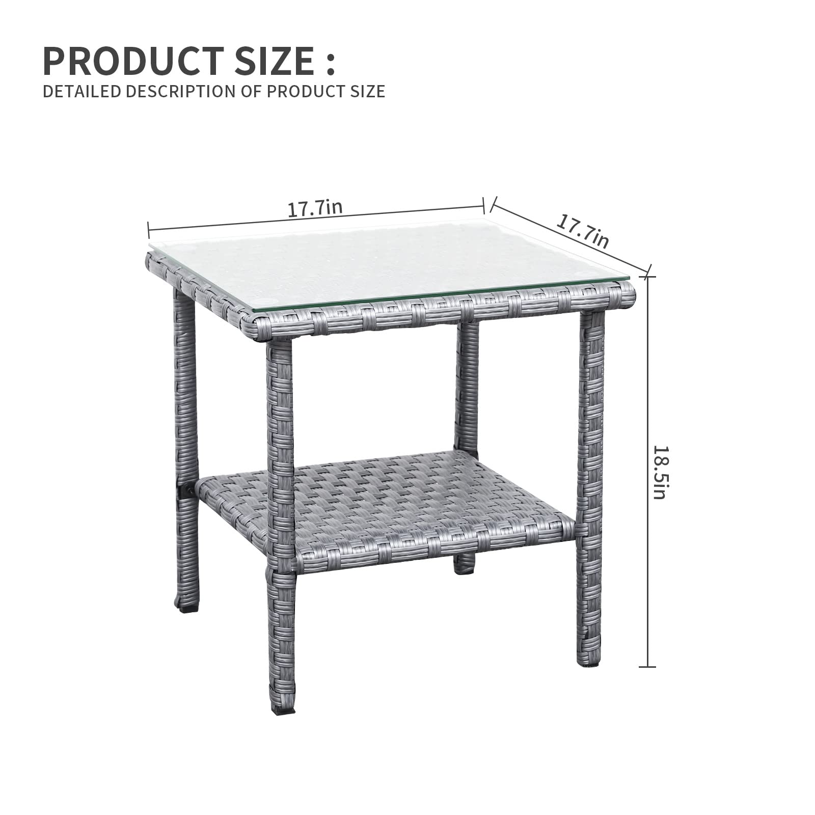 Outdoor Wicker Glass Top Side Table with Storage - Grey Rattan Square Patio End Table for Garden, Balcony & Poolside Decor