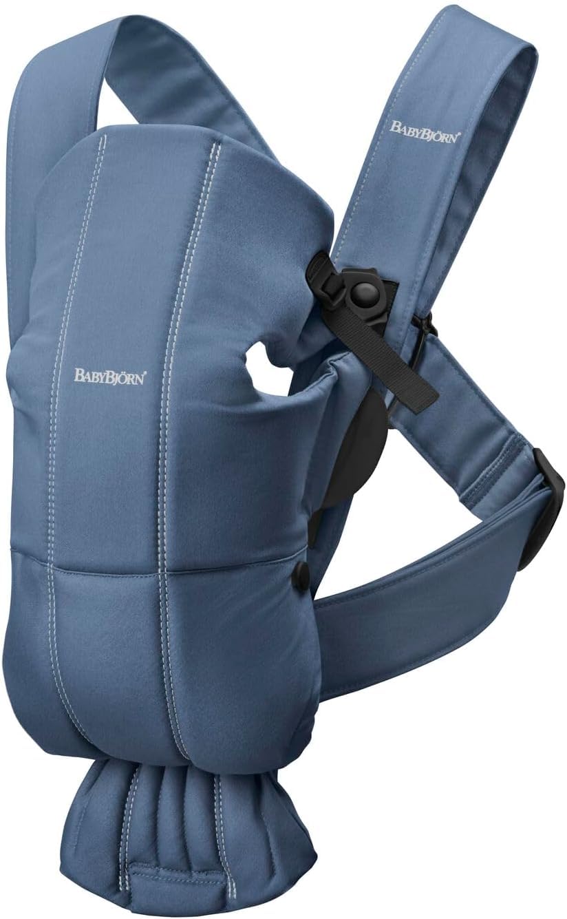 BabyBjorn Baby Carrier Mini - Soft Cotton Newborn Carrier for 7-25 lbs, Ergonomic & Easy-to-Use Infant Carrier in Vintage Indigo | Perfect for Hands-Free Parenting, Walks & Errands