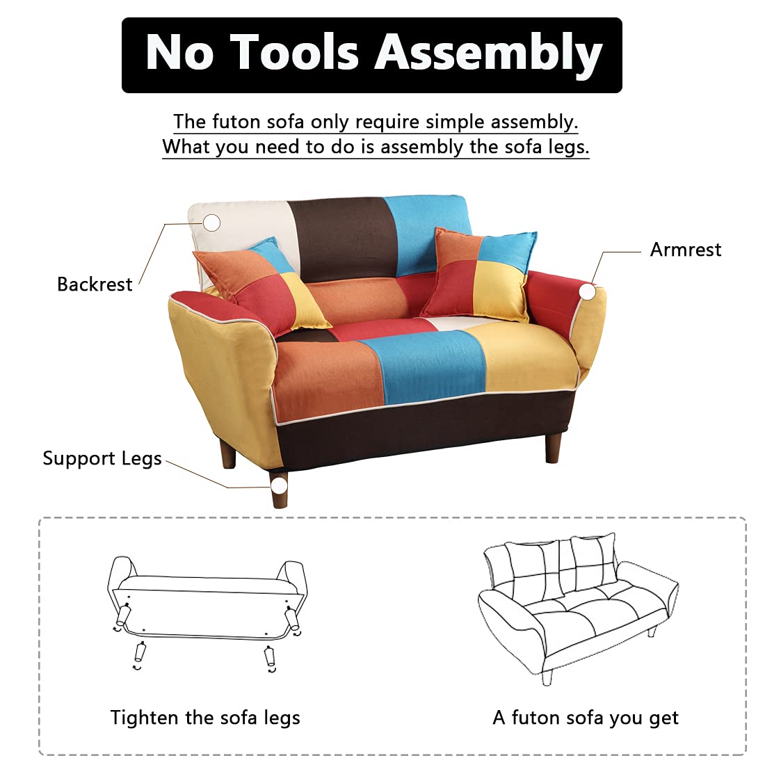 Convertible Futon Sofa Bed with 2 Pillows - Loveseat Sleeper Sofa for Small Spaces, Multi-Functional Recliner Couch with Adjustable Armrests & Wooden Legs, 3-Position Backrest - Perfect for Apartments, Dorms, Guest Rooms & Home Offices (Colorful)