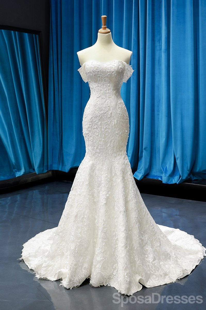 Elegant Off Shoulder Short Sleeve Lace Mermaid Wedding Dress - A-Line Bridal Gown for Beach, Church & Outdoor Ceremonies | WD714