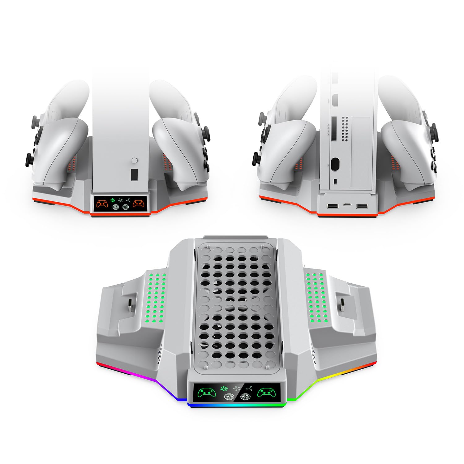Xbox Series S Cooling Stand with RGB Lights - Dual Controller Charger & Cooling Fan Accessory - Includes 2 Rechargeable Battery Packs (White) - Perfect for Gaming Sessions & Console Protection
