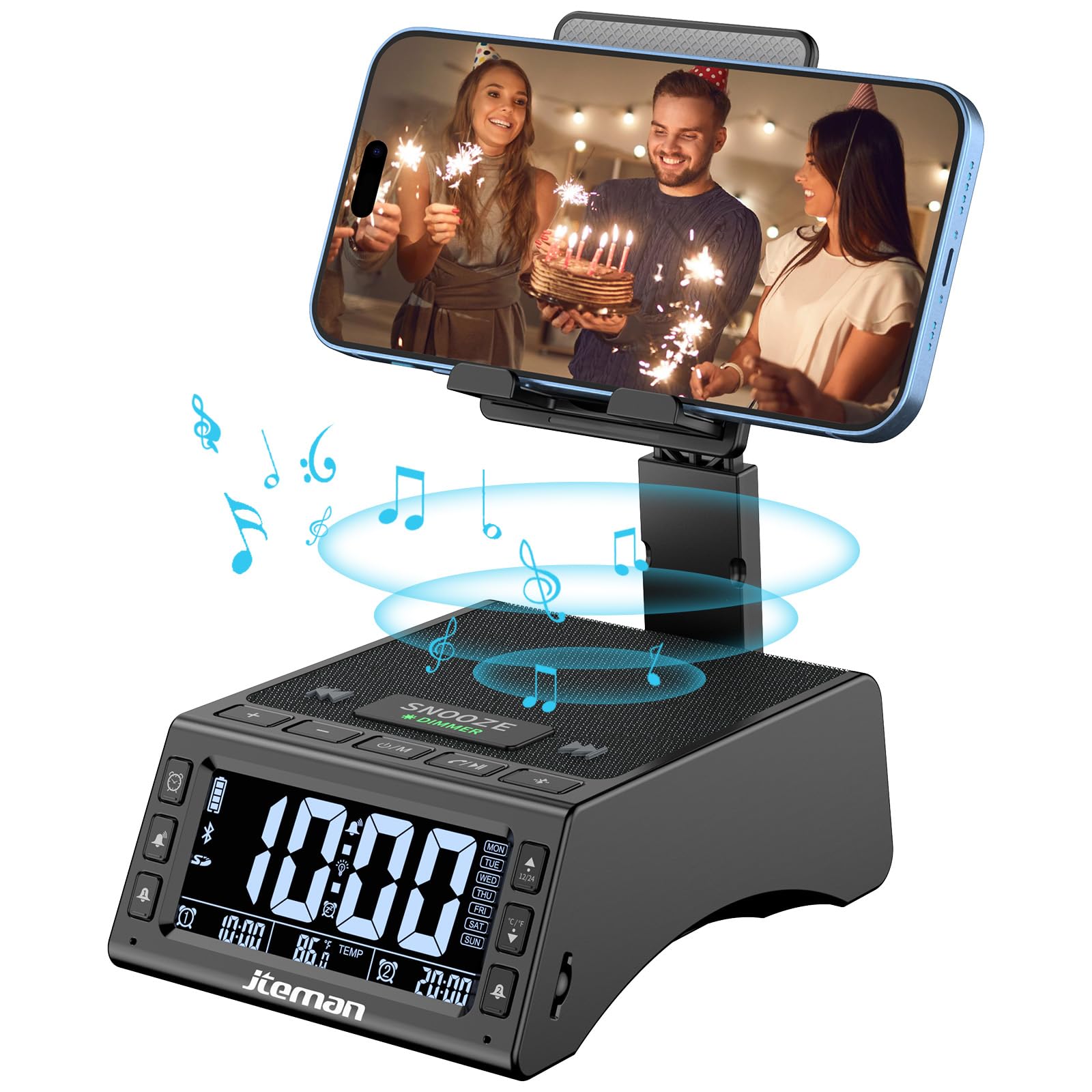 JTEMAN Wireless Bluetooth Speaker with Adjustable Cell Phone Stand - Cool Tech Gadget for Kitchen, Office & Travel - Unique Birthday Gift for Men, Women, Husband, Boyfriend (Black)