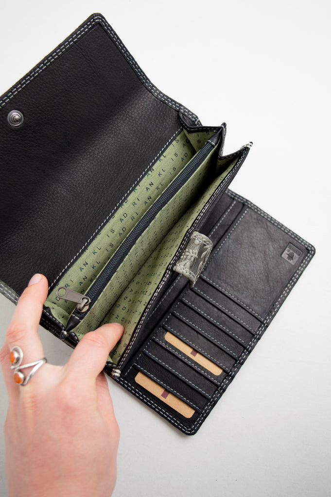 Adrian Klis 66/105 Women's Leather Wallet with Floral Print - Black - Perfect for Everyday Use, Gift Giving & Travel Accessories