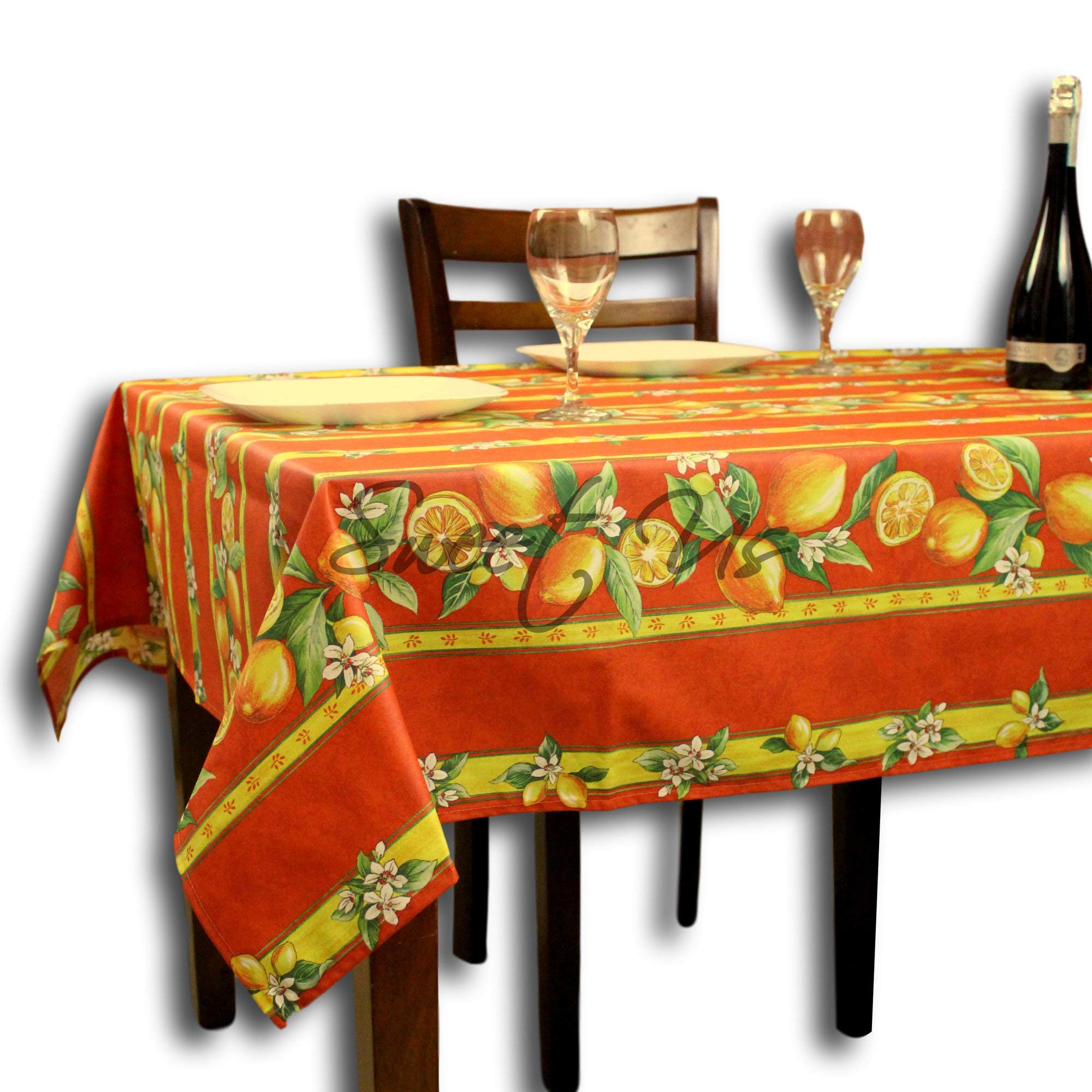 La Cigale Spillproof Wipeable Acrylic Coated Floral Cotton Tablecloth - French Provencal Style 60x98 Inch Rectangle Table Cover in Orange Citron Lemon - Perfect for Kitchen, Dining Room & Outdoor Gatherings