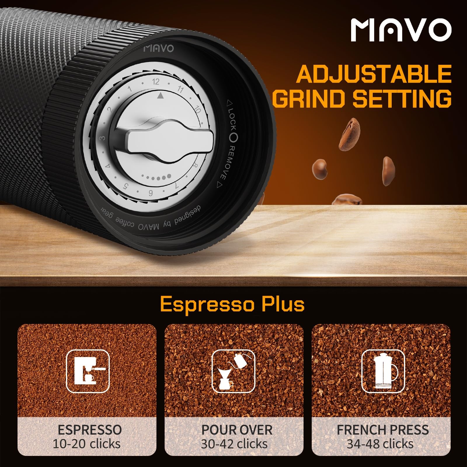 Premium MAVO Manual Coffee Grinder - 25g Capacity with 2 CNC Stainless Steel Conical Burrs (Pentagon & Hexagonal) | Perfect for French Press, Pour Over, Espresso & Travel | Portable Hand Crank Coffee Bean Grinder - Black