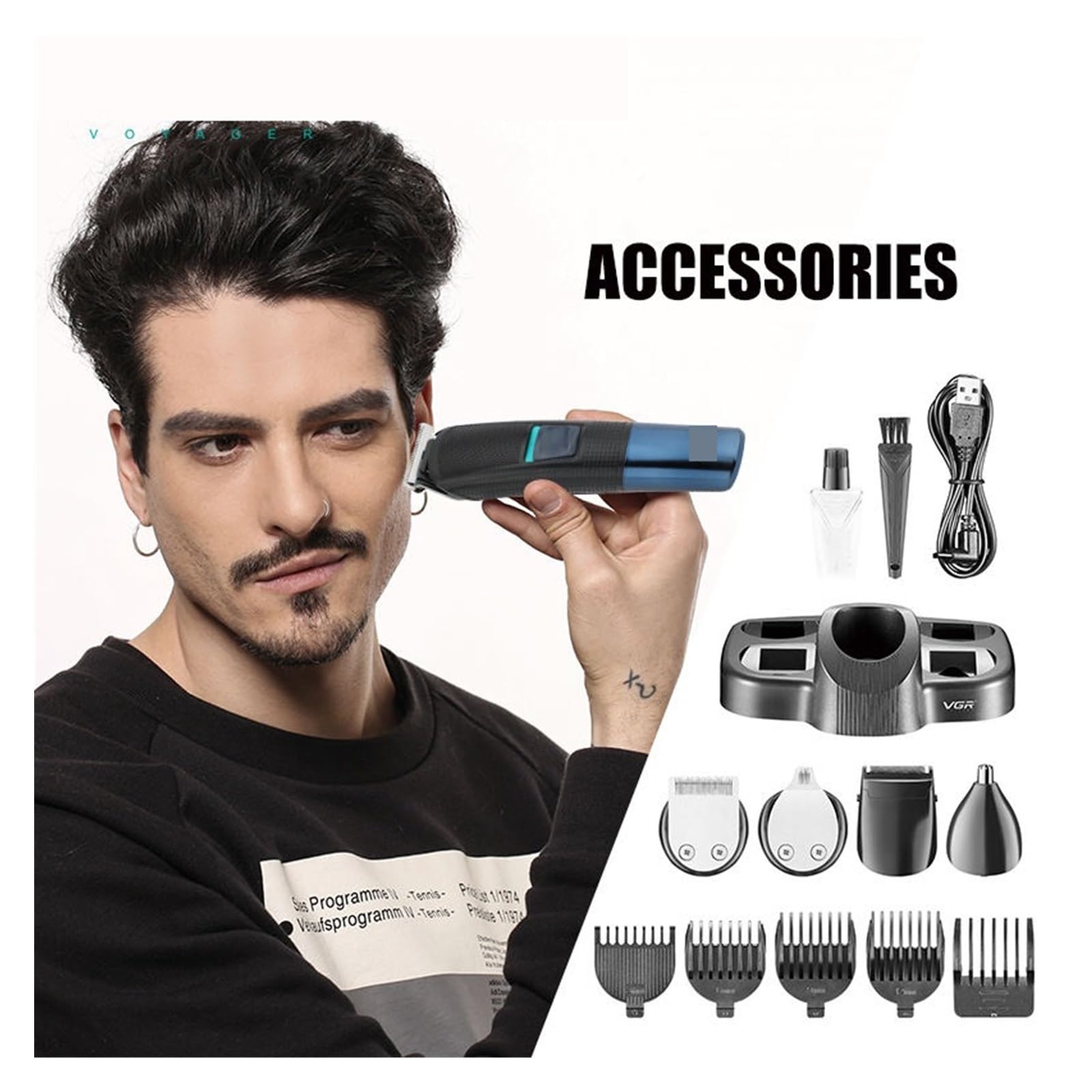 VGR V-108 Professional 5-in-1 Men's Grooming Kit - Electric Shaver, Beard Trimmer, Nose Hair Trimmer, Hair Clipper Set (Blue) - Perfect for Home Barbering, Travel & Personal Grooming