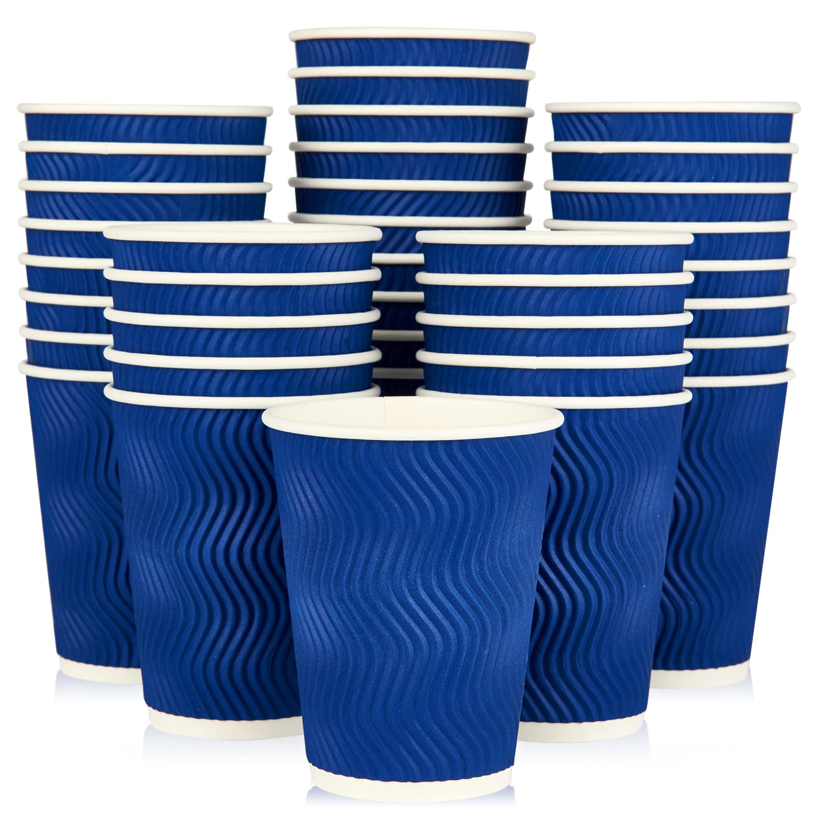 60 Pack 12 oz Disposable Paper Coffee Cups - Insulated Ripple Wall Hot Beverage Cups for Coffee, Tea & Hot Chocolate - Eco-Friendly Blue Paper Cups for Office, Cafes & Home Use