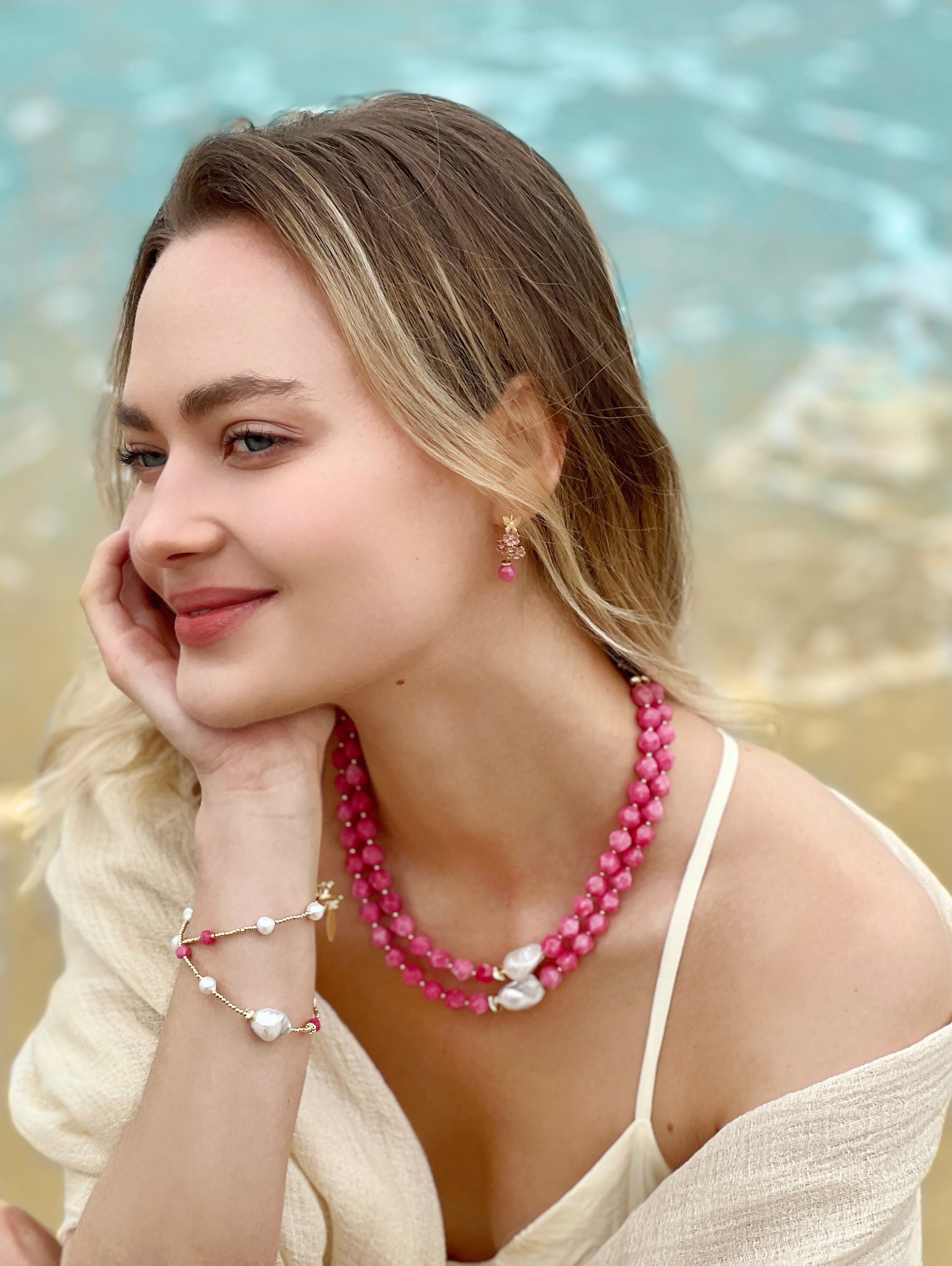 Pink Gemstone Dangle Earrings - Glazed Flower Design LE002 | Elegant Jewelry for Women, Perfect for Weddings, Parties & Special Occasions