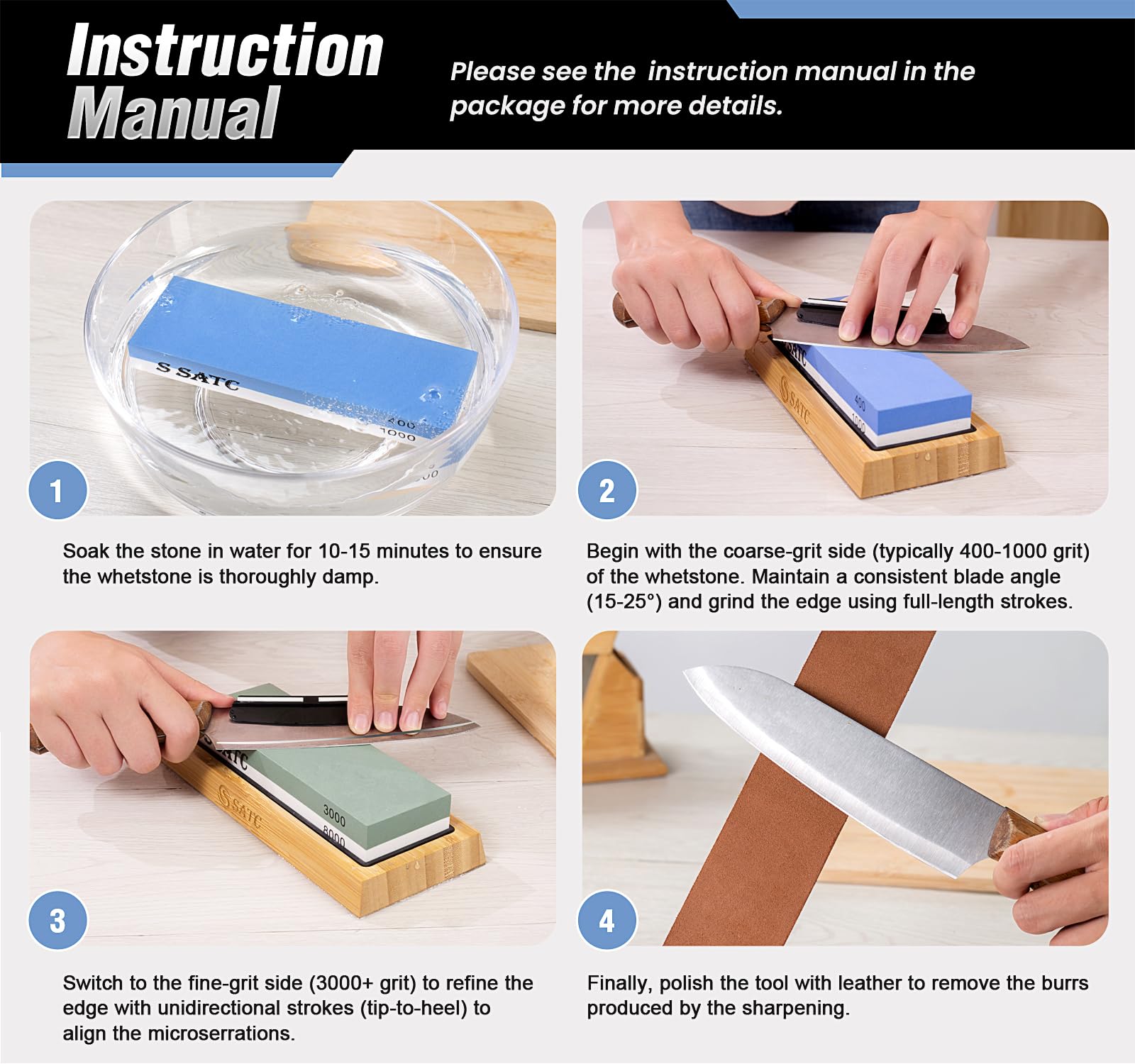 Premium 400/1000/3000/8000 Grit Whetstone Set - Professional Knife Sharpening Stone with Non-Slip Bamboo Base, Angle Guide & Leather Strop - Perfect for Kitchen Knives, Hunting & Chef's Tools - Ideal for Home Cooks & Professional Chefs