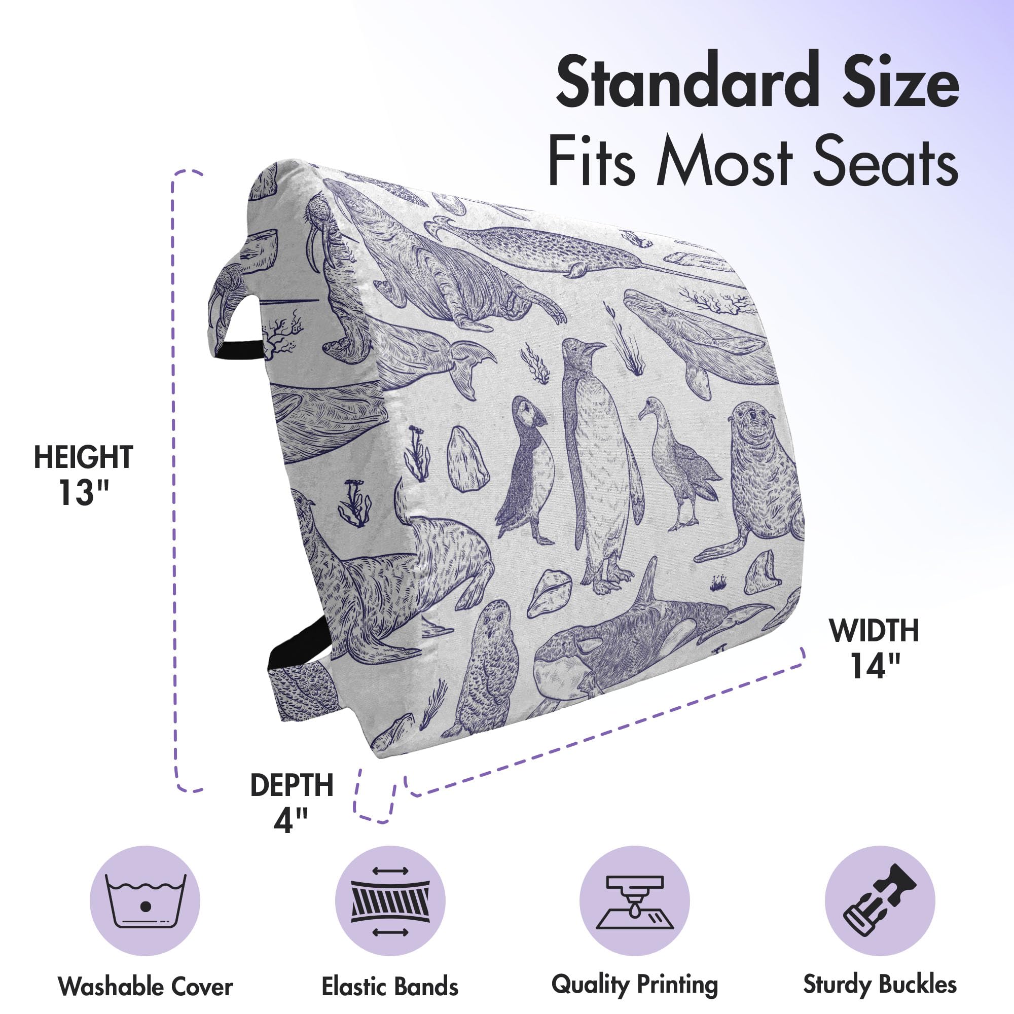Ambesonne Arctic Animal Lumbar Support Pillow - Narwhal, Snowy Owl, Albatross, Beluga Whale & Penguin Design - High Density Foam for Office Chair & Car Seat - 14