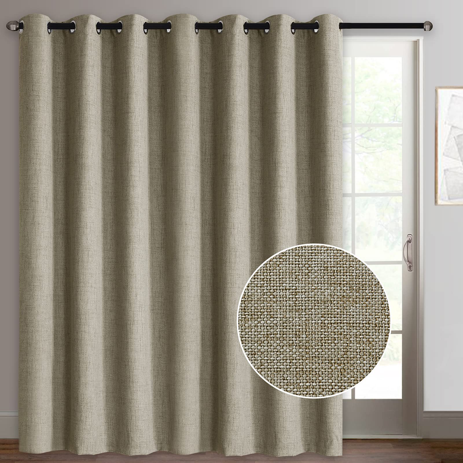 Rose Home Fashion Primitive Linen Look 100% Blackout Thermal Insulated Sliding Door Curtains - Single Panel (100x84 Inches, Natural) for Patio, Living Room & Bedroom Privacy & Light Control