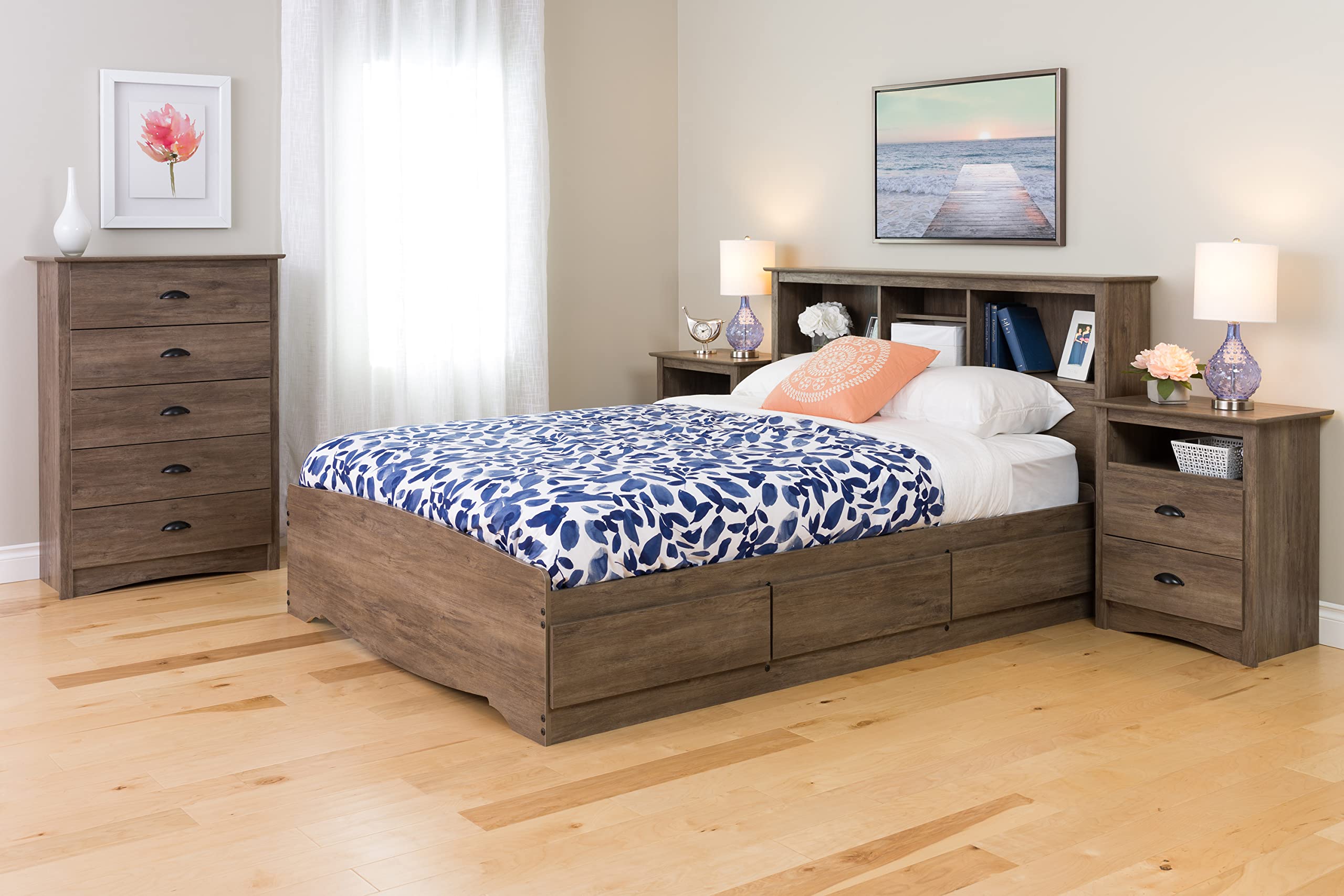 Rustic Farmhouse Bookcase Headboard for Full/Queen Beds - Prepac Salt Spring Drifted Gray Headboard with Storage Shelves (11