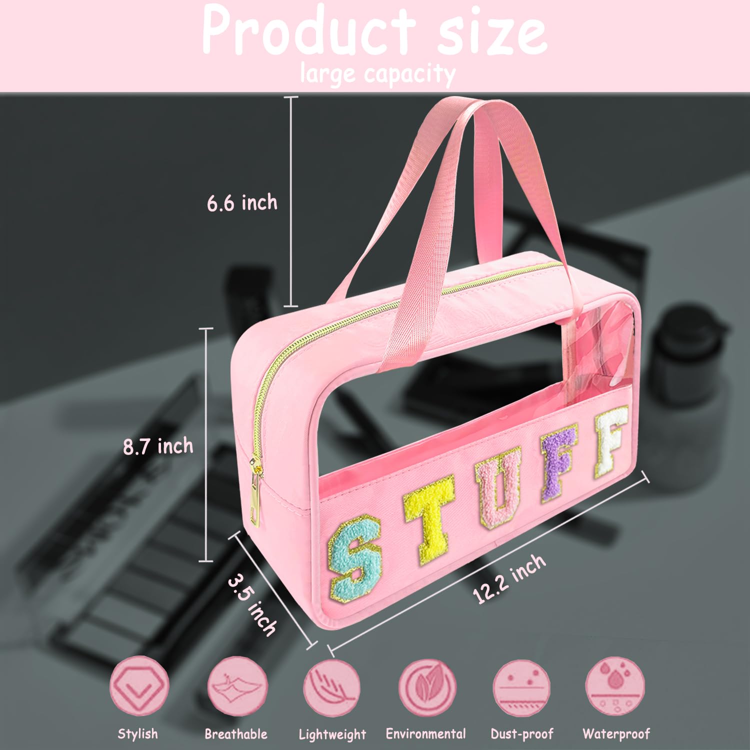 Waterproof Nylon Clear Makeup Bag with Handle - Travel Toiletry & Cosmetic Organizer for Women (Pink) - Perfect for Gym & Weekend Trips