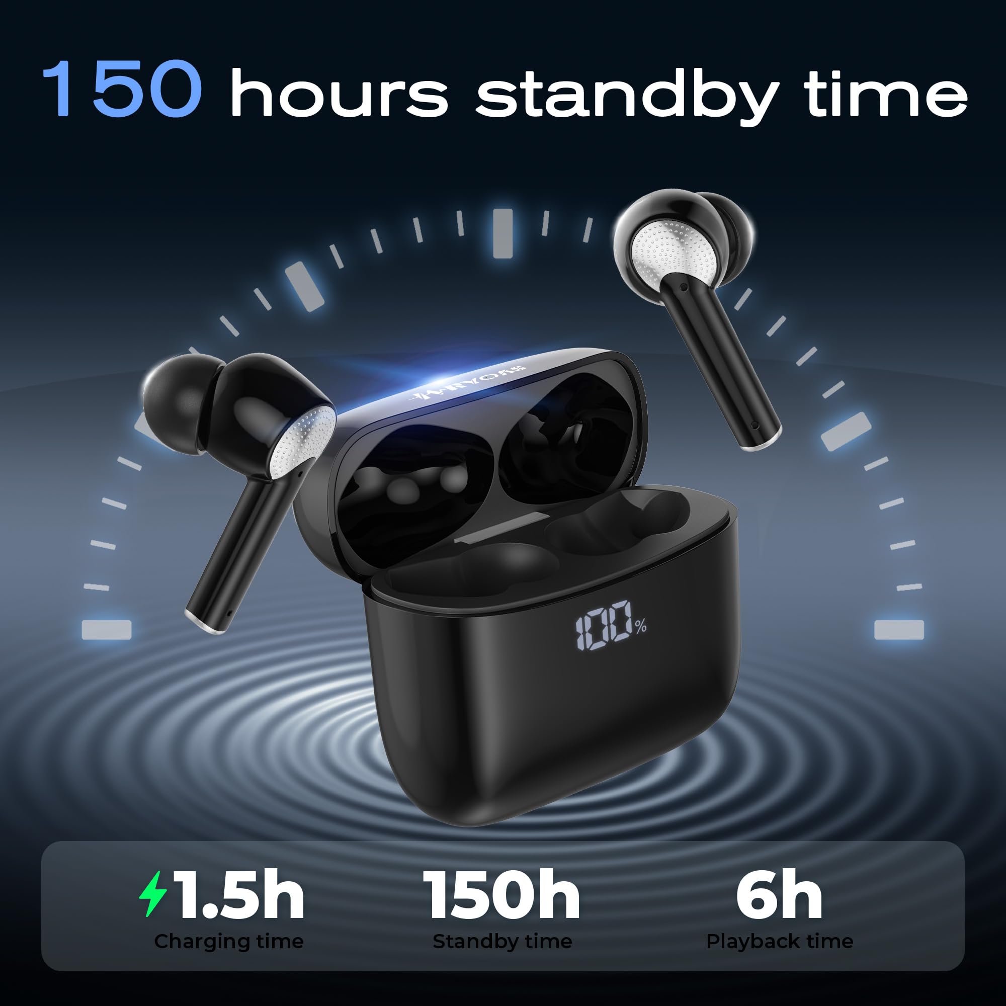 Wireless Bluetooth Earbuds with Noise Cancellation - 151H Long Battery Life True Wireless Earphones for iPhone, Android, Laptop, Tablet - Perfect for Workouts, Commuting & Travel