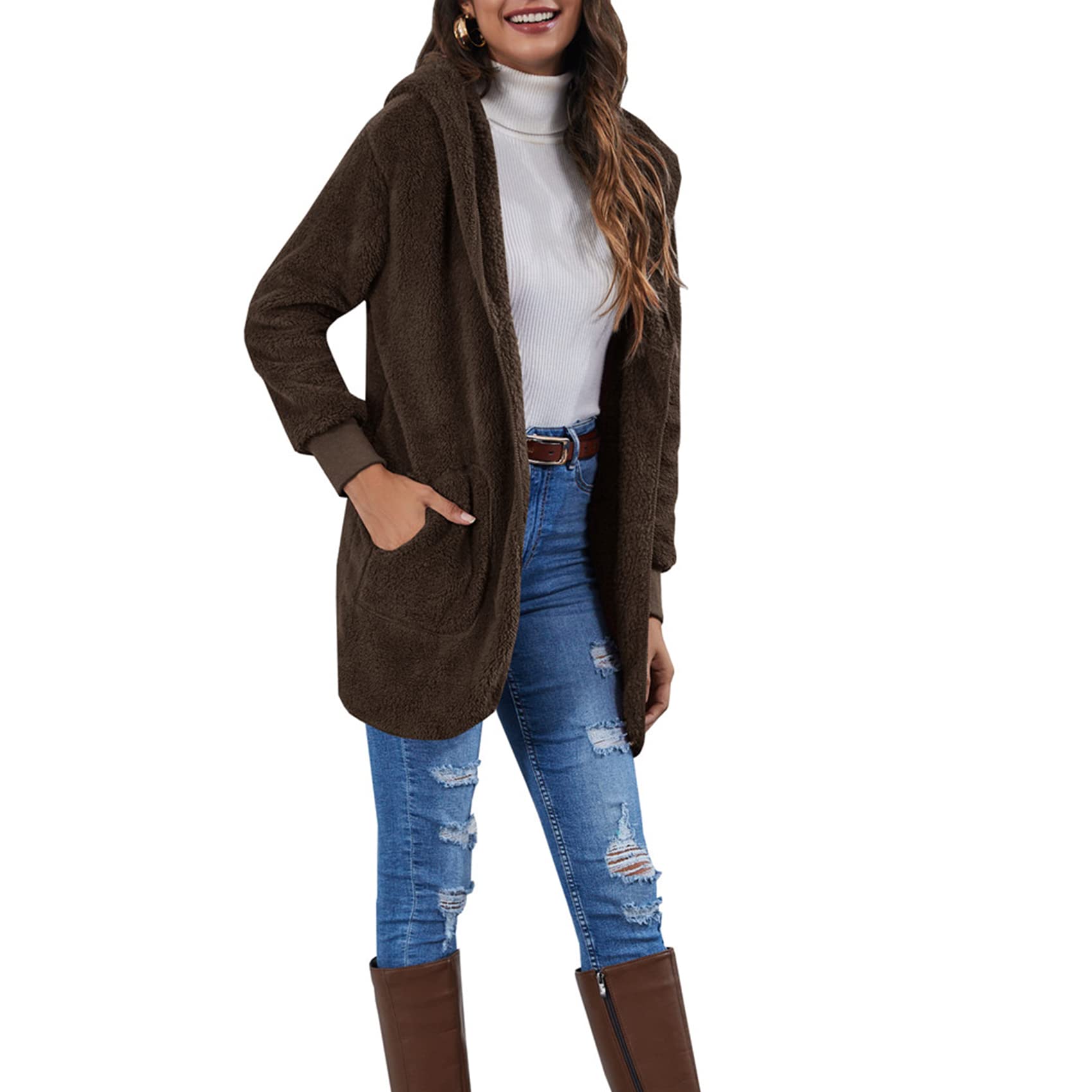 Duyang Women's Fuzzy Fleece Open Front Hooded Cardigan Jacket - Warm Long Sleeve Sherpa Lined Thick Winter Coat with Pockets | Perfect for Casual Outfits, Lounging & Cold Weather Fashion