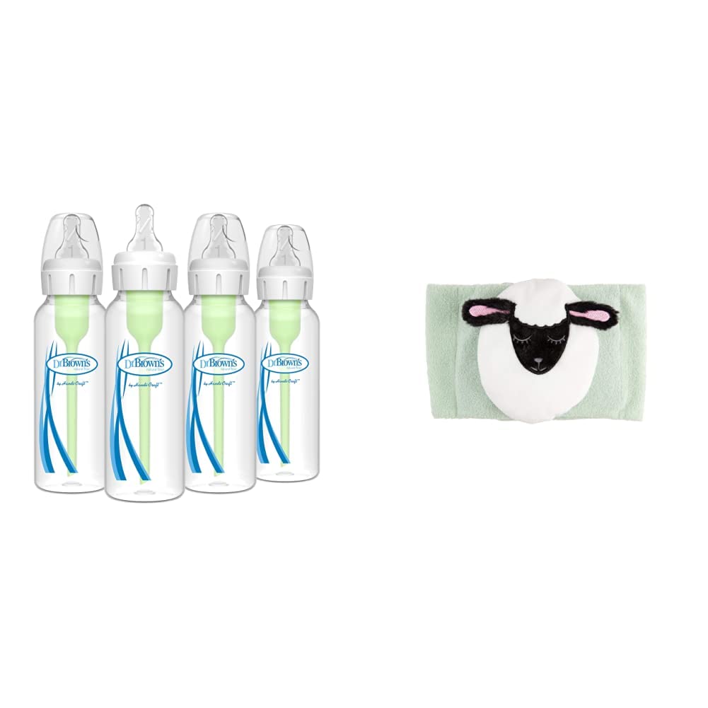 Dr. Brown’s Anti-Colic Options+ Narrow Baby Bottles 4oz 4-Pack with Infant Gripebelt – Natural Gas & Stomach Relief for Newborns & Toddlers 0-3 Months (Lamb Design) – Perfect for Feeding & Soothing Colicky Babies at Home or On-the-Go