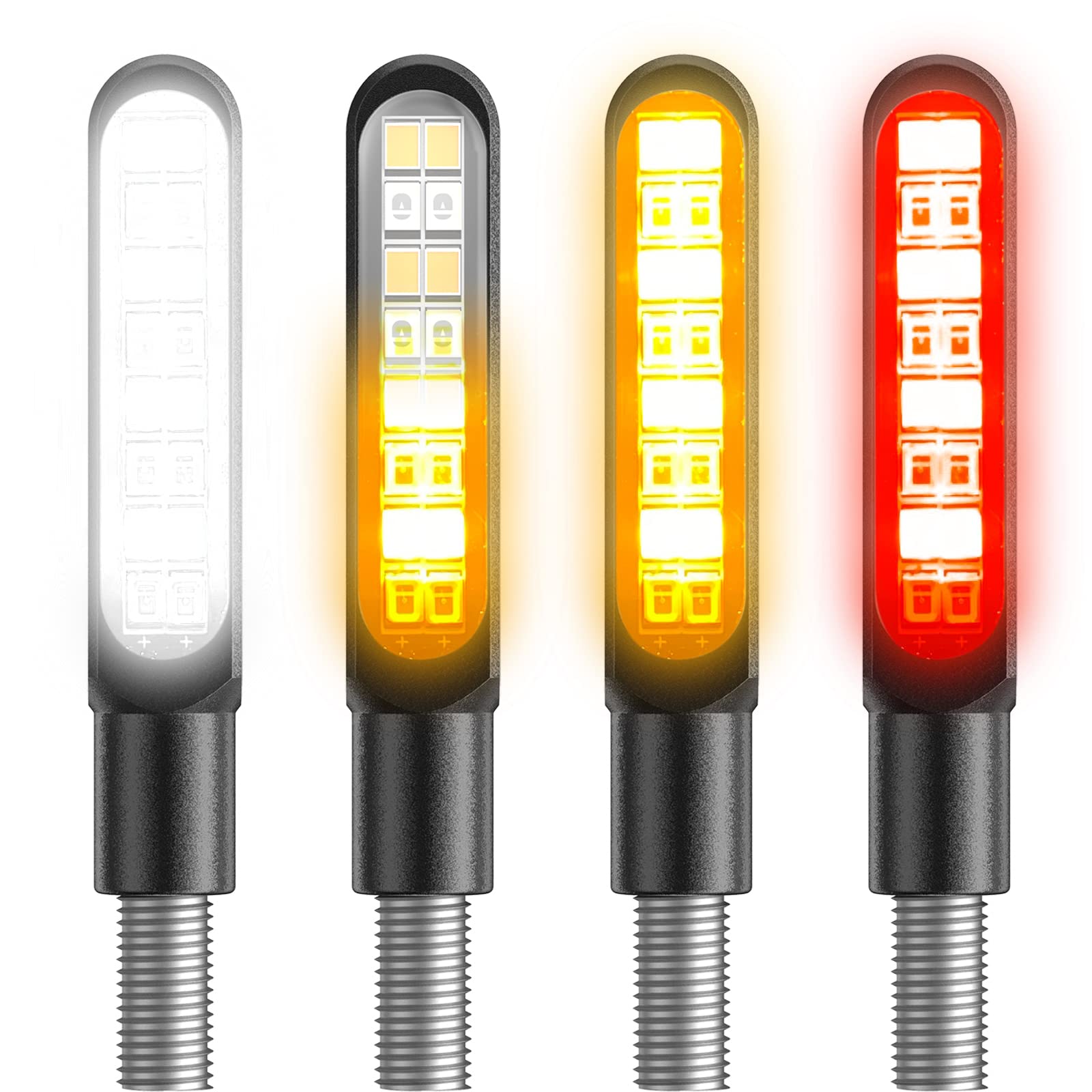 Kinstecks 4PCS Motorcycle LED Turn Signals - 12V 16-LED Flowing Sequential Indicators with Daytime Running Lights & Brake Lights for Motorbikes - Perfect for Harley, Honda, Yamaha & More (Ideal for Night Riding & Safety Enhancement)