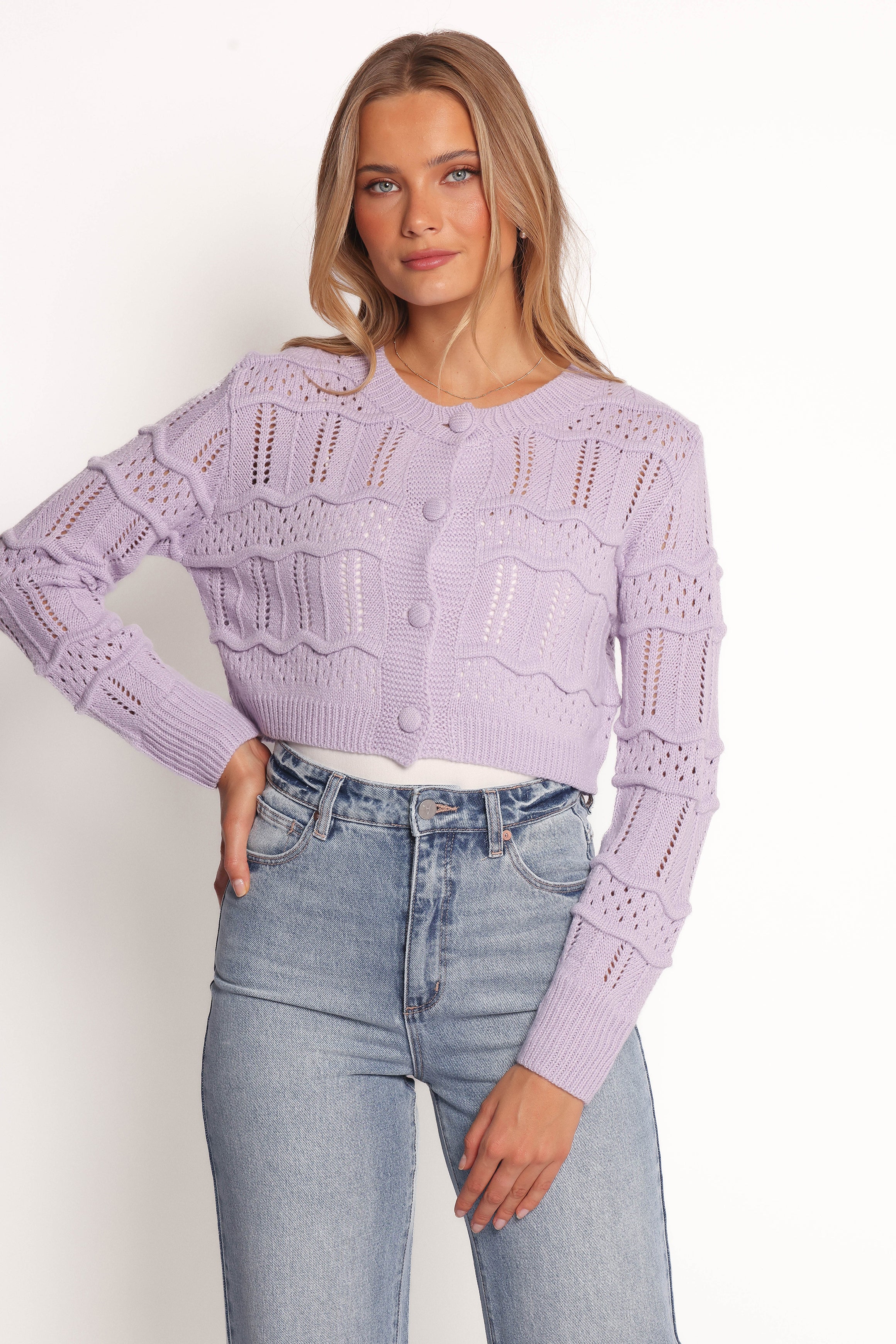 Aidy Crop Button Front Cardigan for Women - Soft Lilac Knit Sweater | Perfect for Spring Outfits, Office Wear & Casual Dates