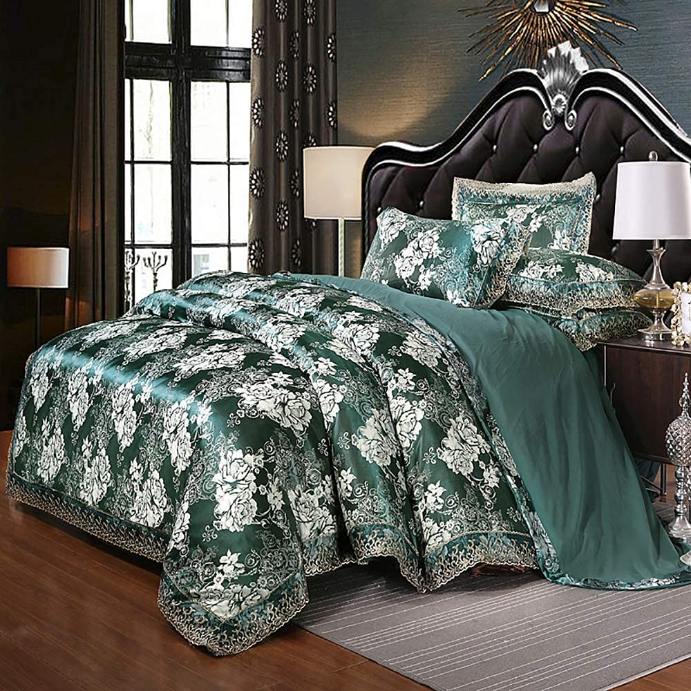 FMOGG Silk & Cotton King Bedding Set - Blue & Gold Jacquard Duvet Cover for Luxury Bedrooms