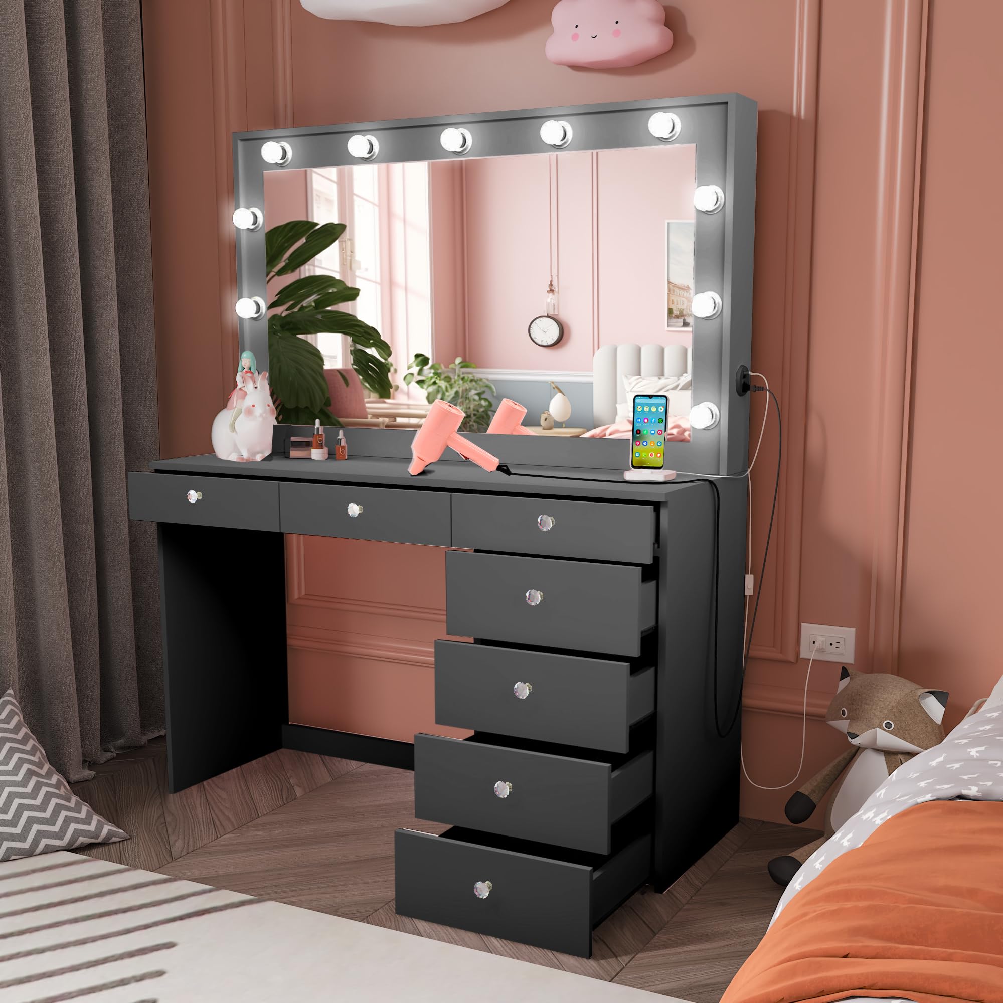 Boahaus Diana Large Makeup Vanity Desk with Hollywood Vanity Mirror & Built-in LED Lights - 7 Drawers, Spacious Top, Crystal Knobs - Black Dressing Table for Bedroom (58.2