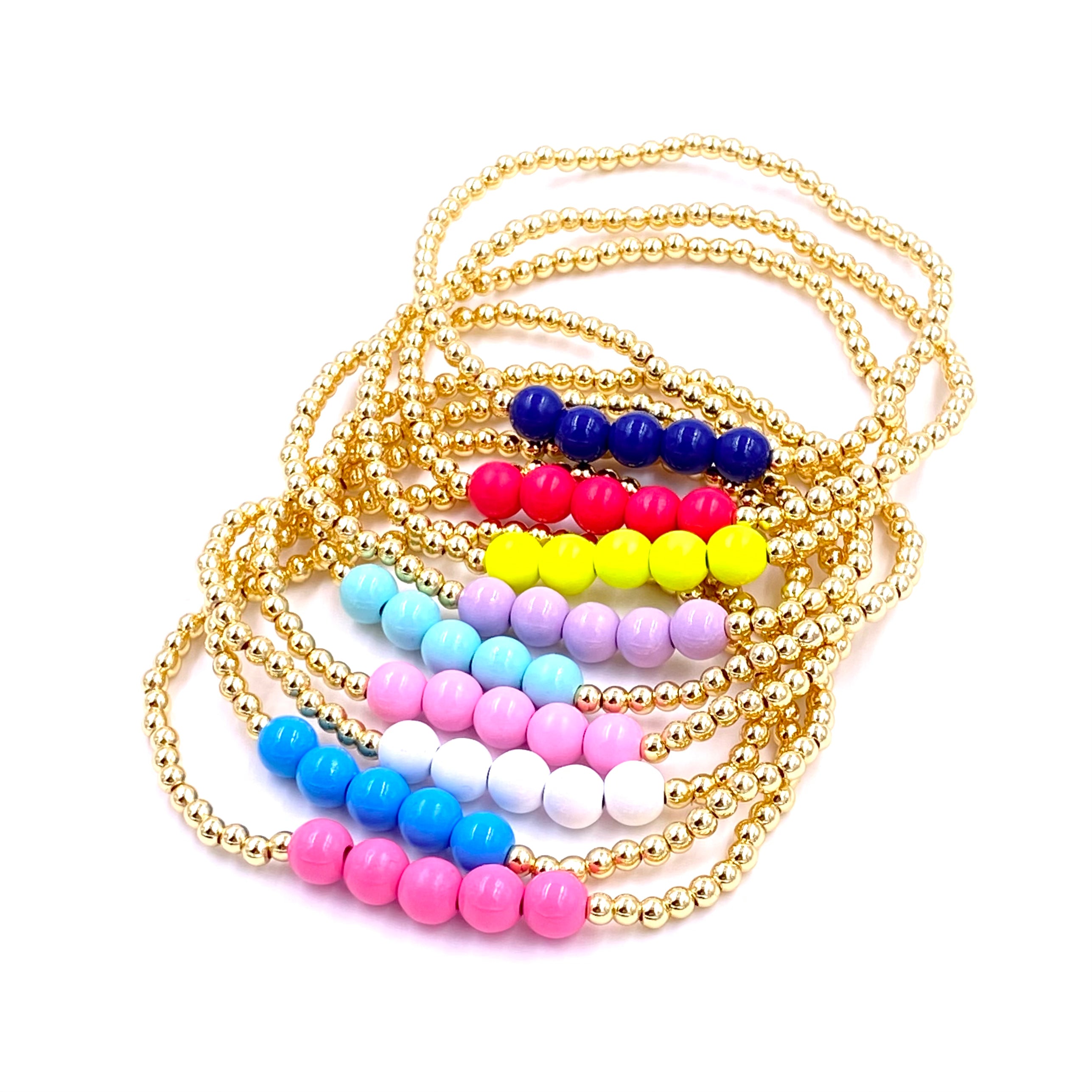 Ashley Gold Stainless Steel 3mm 5-Ball Beaded Stretch Bracelet with Gold Plating & Enamel Center - Elegant Jewelry for Women, Perfect for Parties, Weddings & Everyday Wear