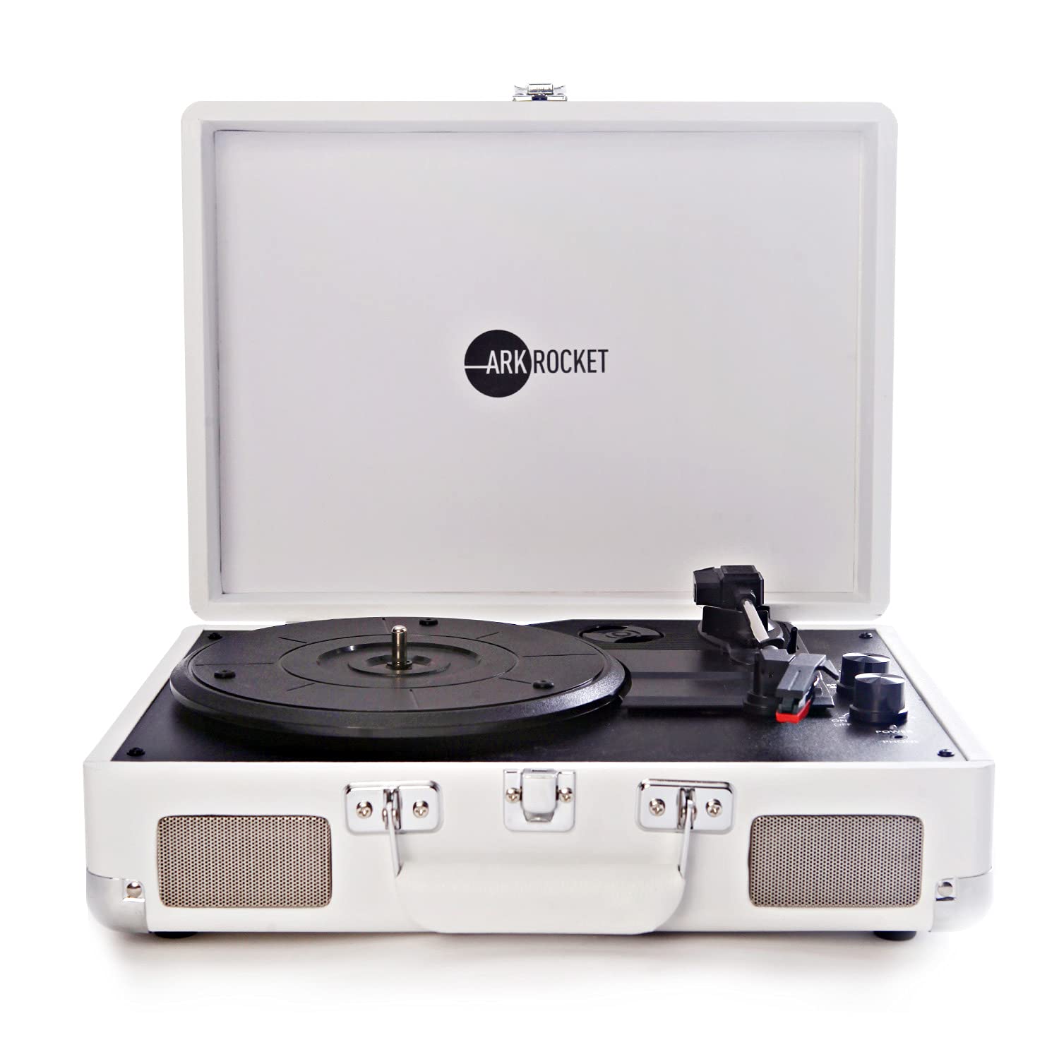 Arkrocket Curiosity Bluetooth Turntable - Retro Suitcase Style 3-Speed Vinyl Record Player with Built-in Speakers (White) | Perfect for Home Decor, Vintage Music Lovers & Gift Giving