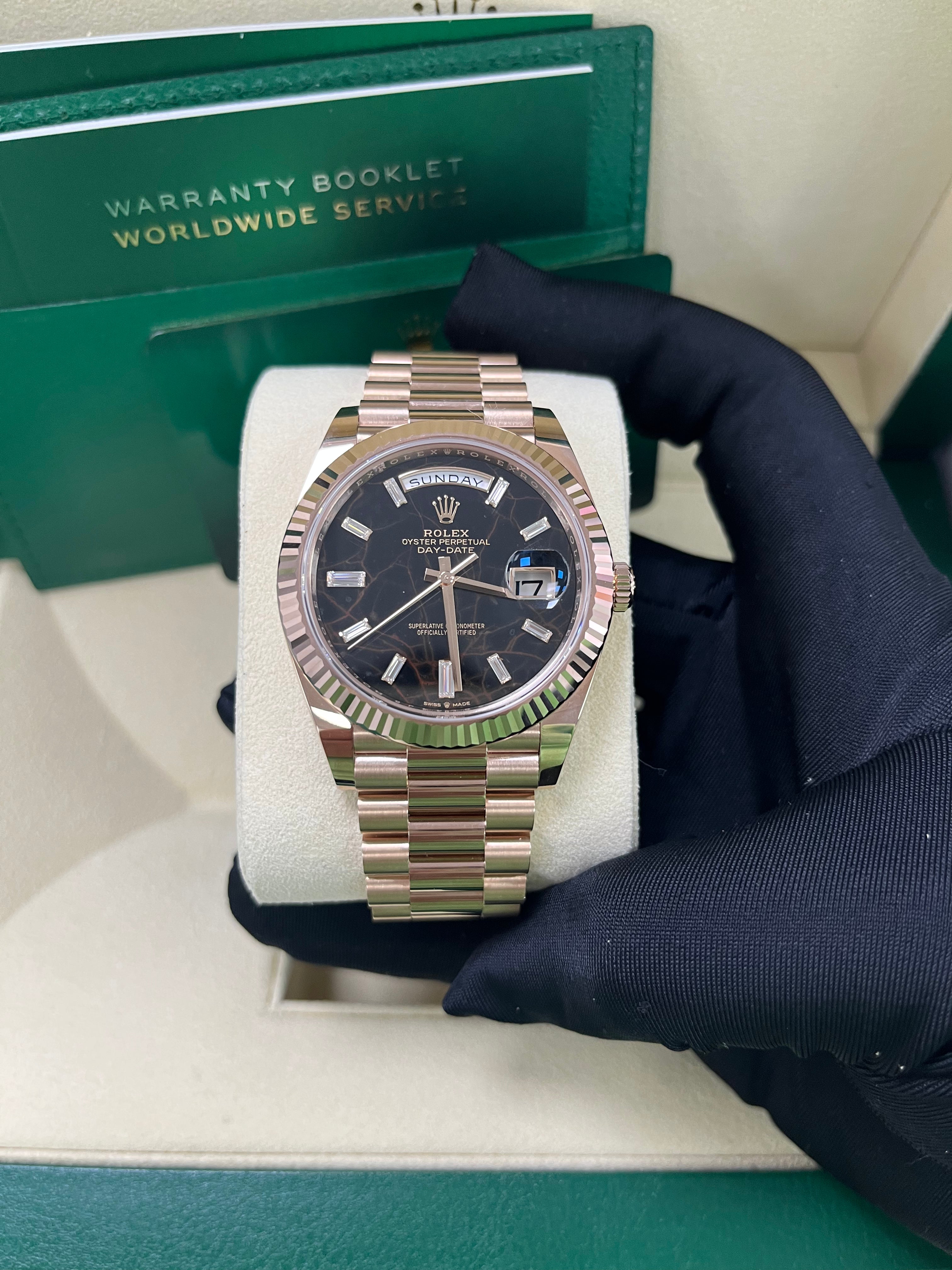 Rolex Day Date 40 Watch - 18K Rose Gold Fluted Bezel, Eisenkiesel Diamond Dial, President Bracelet 228235 - Luxury Dress Watch for Men, Perfect for Business & Formal Occasions