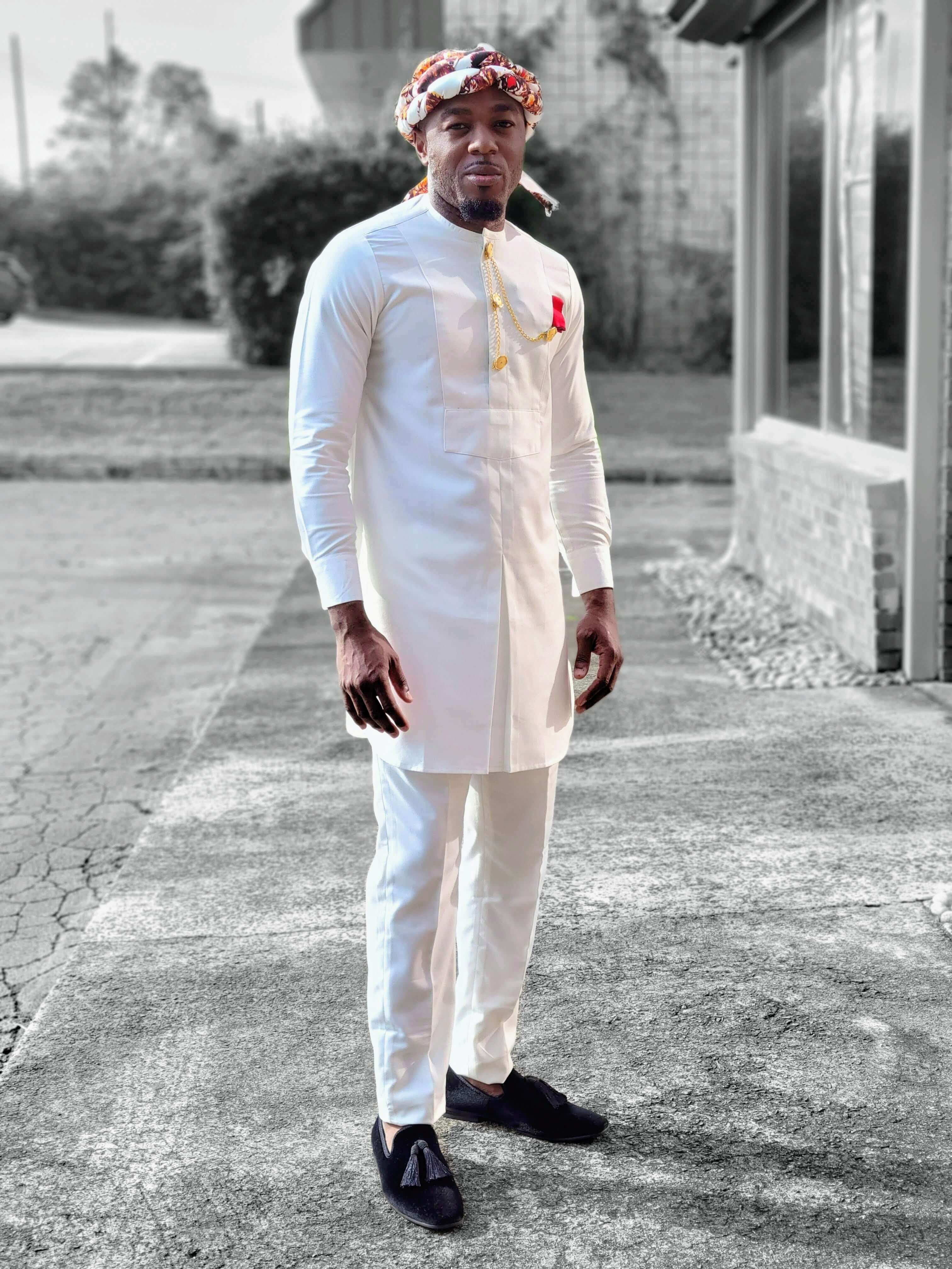 Baamu Ivory African Senator Sunmo Top and Pants Set DPXTM506 | Traditional Nigerian Attire for Men | Perfect for Weddings, Parties & Cultural Events