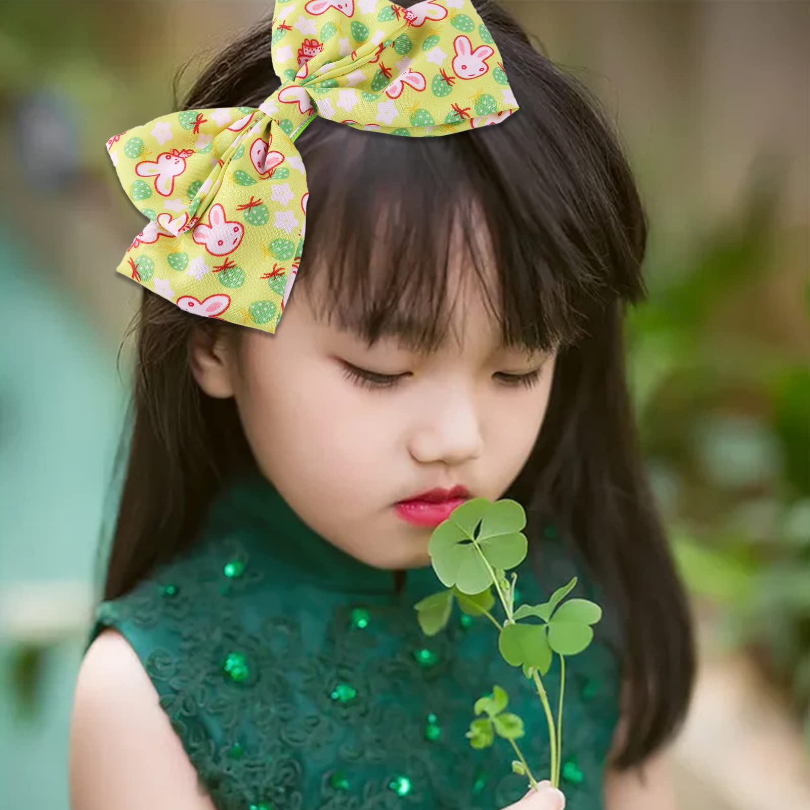 2pcs Easter Big Bow Hair Clips for Girls - Cute French Hair Bows with Rabbit Design, Soft Satin Barrettes & Hair Slides (Green) - Perfect for Easter Outfits, Spring Parties & Photo Shoots