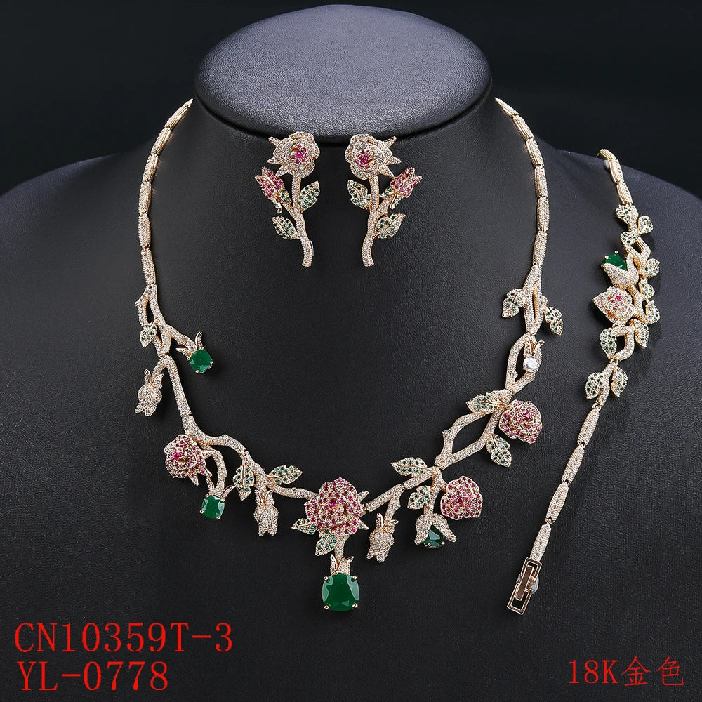 Luxury 3-Piece Cubic Zirconia Rose Flower Jewelry Set - Necklace, Earrings & Bracelet for Women | Bridal Wedding Party Accessories | Perfect for Anniversary, Valentine's Day & Special Occasions