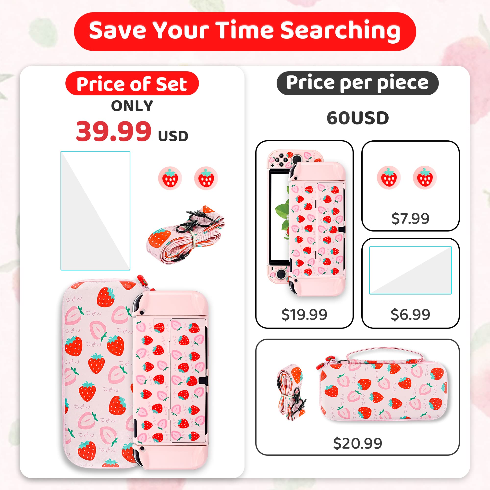 FUNDIARY Pink Nintendo Switch OLED Travel Carrying Case with Strawberry Design - Shockproof Hard Shell, Portable Storage Bag, Shoulder Strap, Screen Protector & 2 Thumb Grips - Perfect for Gaming on the Go, Travel Protection & Console Storage