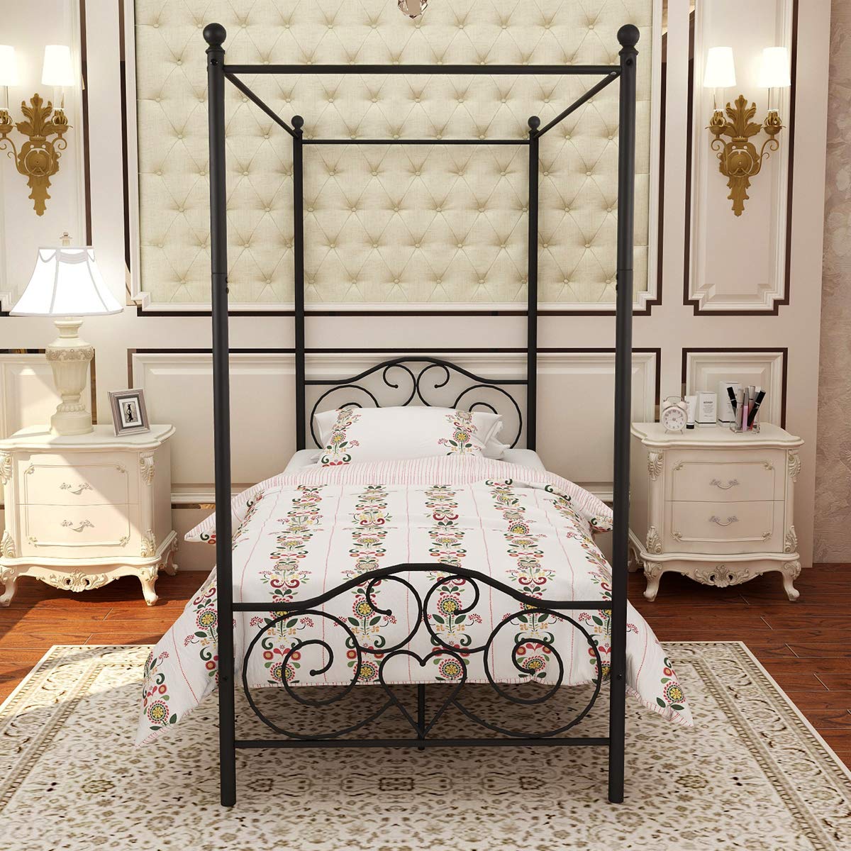 JURMERRY Vintage Metal Canopy Bed Frame with Headboard & Footboard - Sturdy Steel Platform Bed with Slat Support for Twin Size (Black) | Perfect for Boho Bedroom Decor & Guest Room Setup