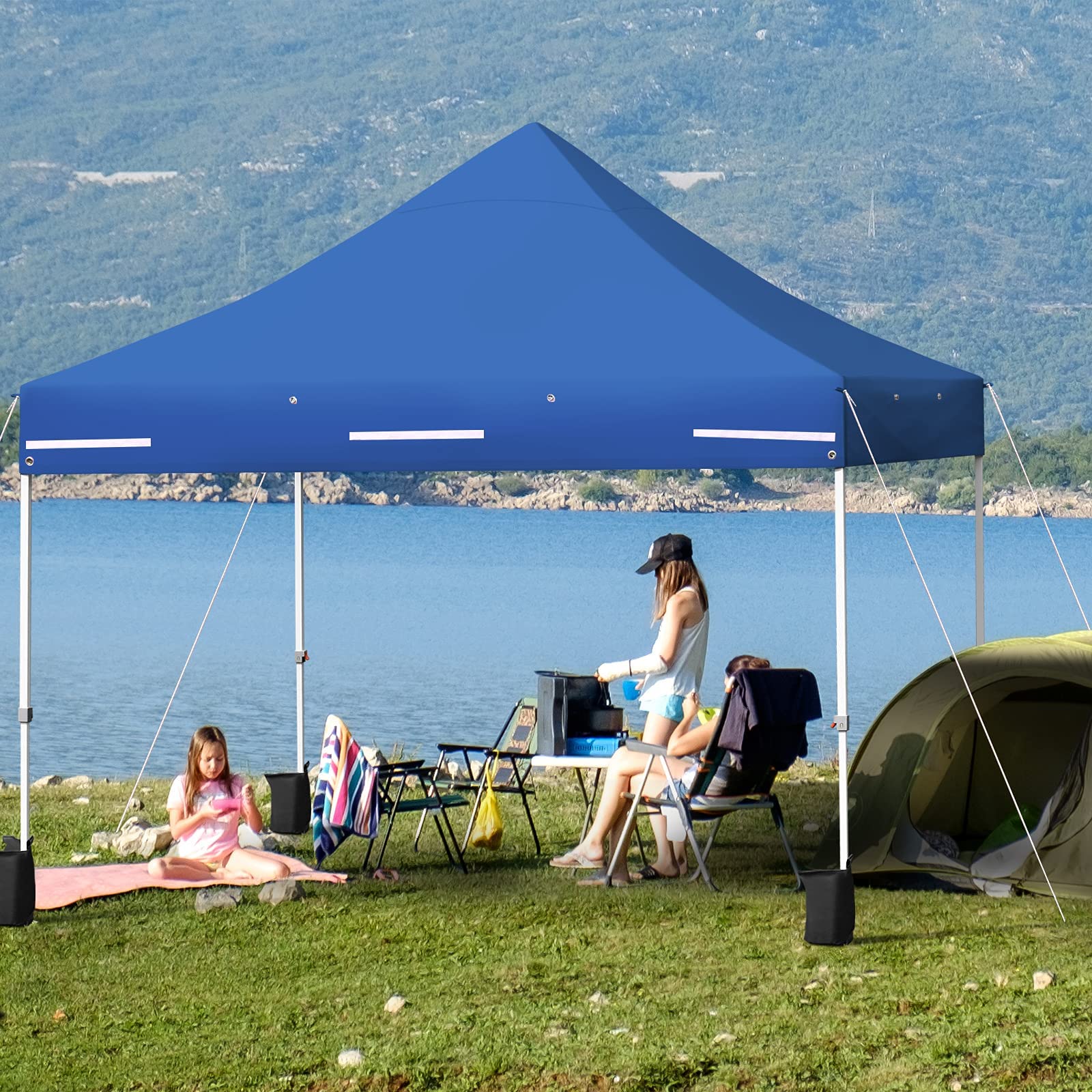 Tangkula 10x10ft Pop Up Canopy Tent - Commercial Instant Shelter with 5 Removable Zippered Sidewalls & Extended Awning - Portable Market Canopy Includes 4 Sand Bags, 8 Stakes, 4 Ropes & Carry Bag - Perfect for Outdoor Events, Farmers Markets, Camping & Beach Parties