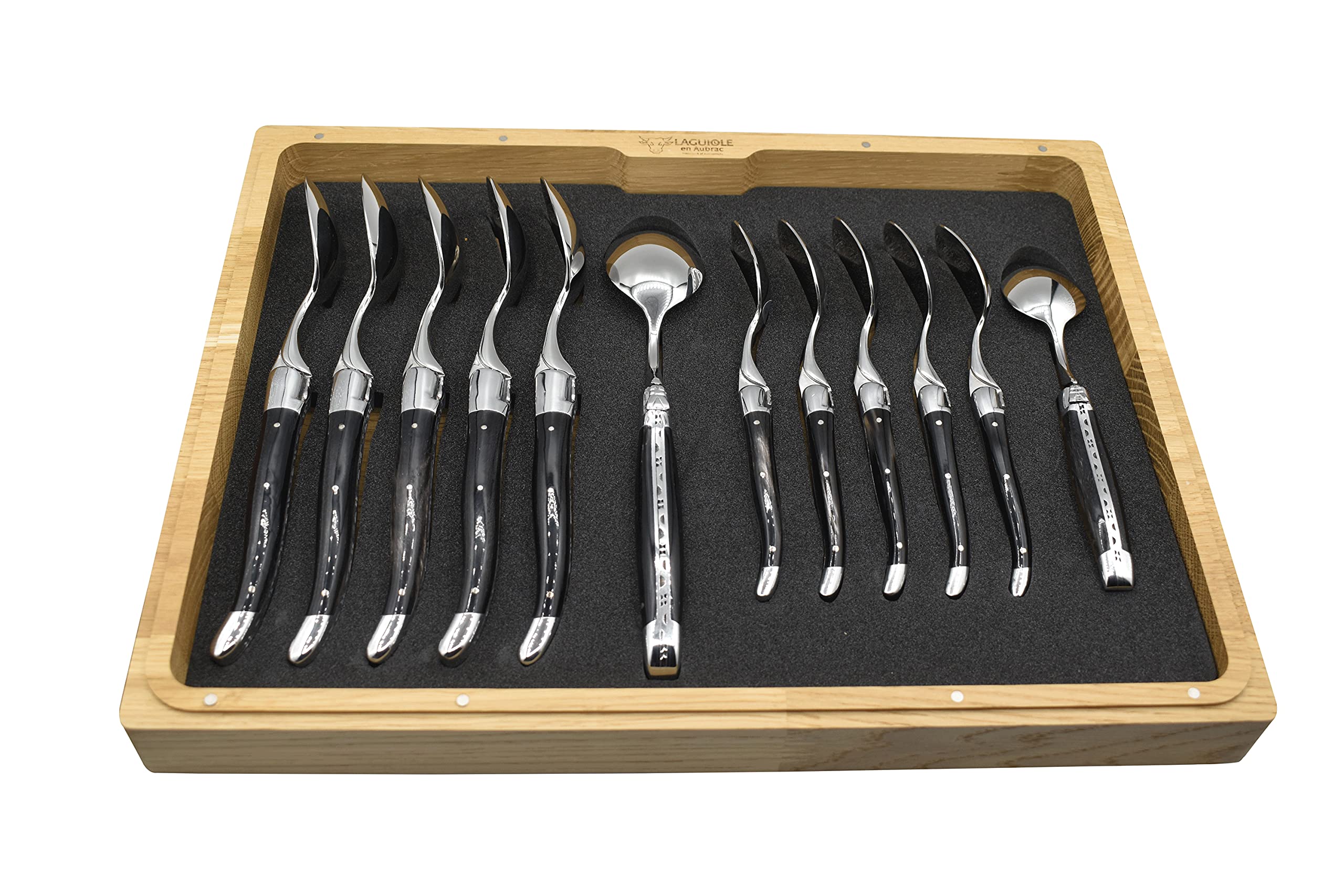 Premium Laguiole en Aubrac 24-Piece Flatware Set - 6 Steak Knives, 6 Forks, 6 Soup & 6 Tea Spoons - Luxury Stainless Steel Cutlery with Buffalo Horn Handles - Perfect for Fine Dining, Wedding Gifts & Elegant Table Settings