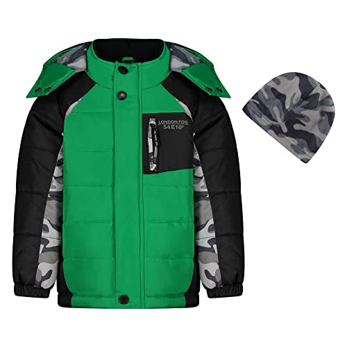 London Fog Boys' Color Block Puffer Jacket with Hat - Warm Winter Coat for Kids