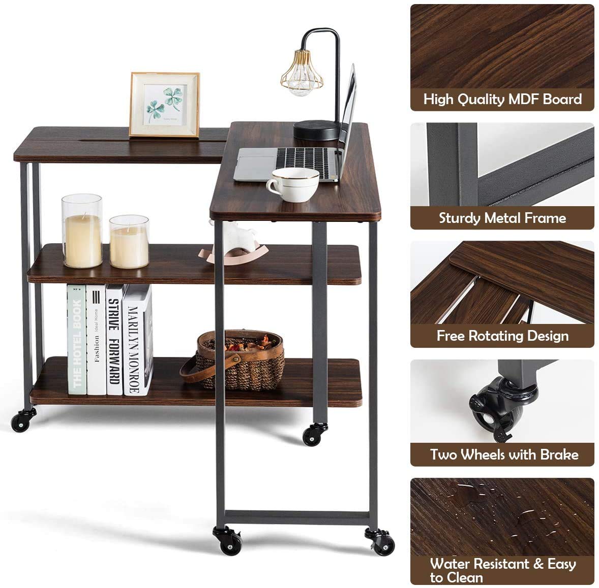 360° Rotating Side Table with 2-Tier Shelves & Wheels - Flexible Wood Movable End Table for Couch, Office, Living Room - Space Saving Coffee Table (Walnut) - Perfect for Small Spaces, TV Snacking & Reading Nooks